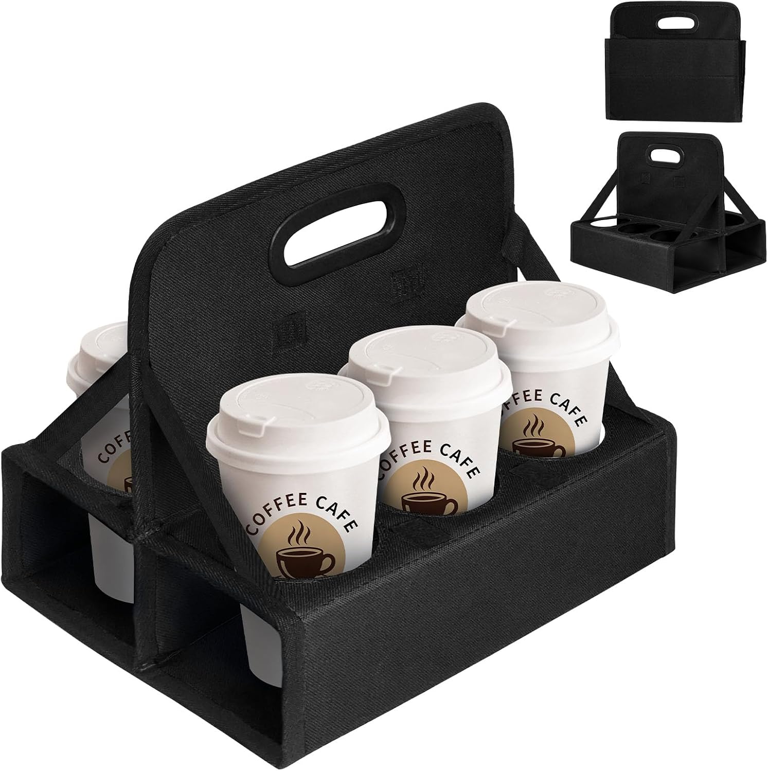 6-Cup Drink Carrier, Portable Beverage Caddy with Handle - Reusable Foldable Holder for Coffee, Wine, Cans - Securely Carries Hot & Cold Drinks for Delivery, Takeout, Travel (Black)