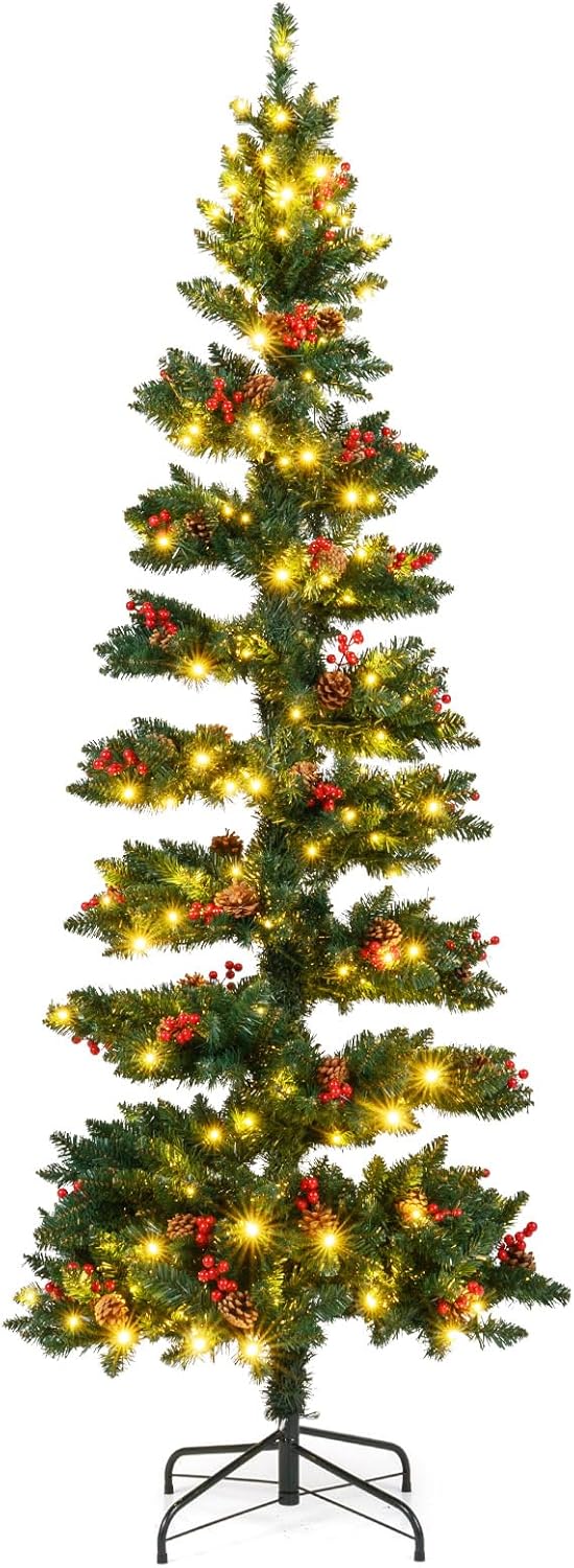 Goplus 7 FT Pre-Lit Spiral Christmas Tree, Artificial Xmas Tree with 791 Branch Tips, 220 Warm White LED Lights, 8 Modes, 60 Pine Cones, Red Berries, Metal Stand, Home Office Party Holiday Decoration