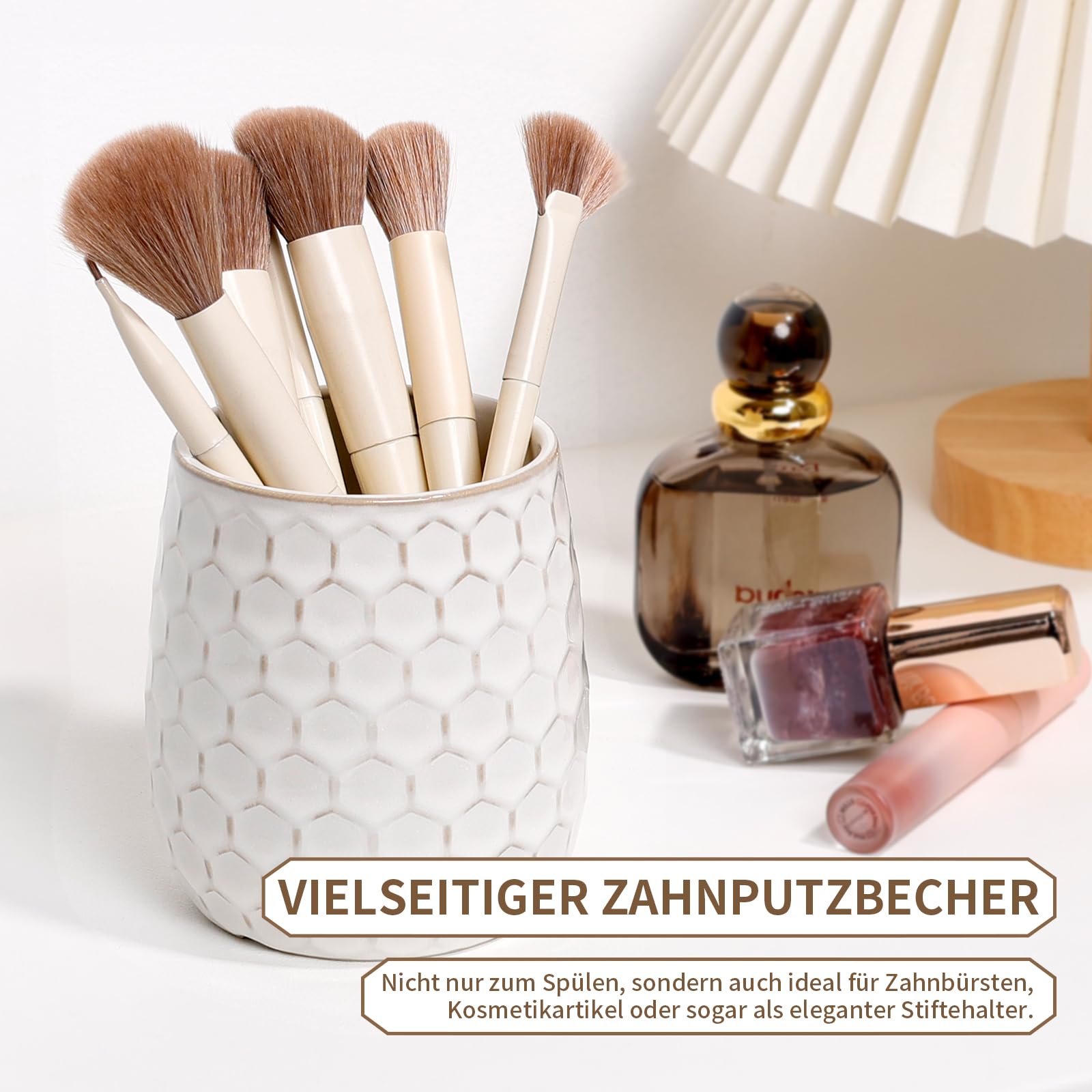 ANTIS'S HOME Zahnputzbecher Keramik 410ml – Badezimmerbecher & Mundspülbecher für Zahnpasta, Weiß Moderner Zahnbürstenbecher mit 3D-Wabenstruktur, dekoratives Badaccessoire (10 x 9,2 cm)