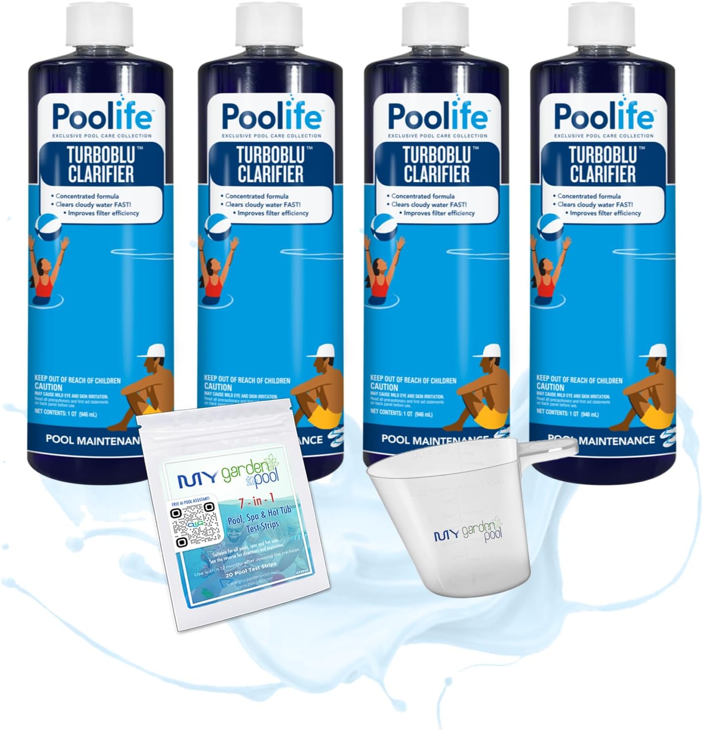 Poolife TurboBlu Clarifier – Concentrated Pool Water Clarifier for Clear Water – Boosts Filter Efficiency – Includes My Garden Pool Scum Socks, 7-in-1 Test Strips & Pool-IQ AI Assistant 2 Pack