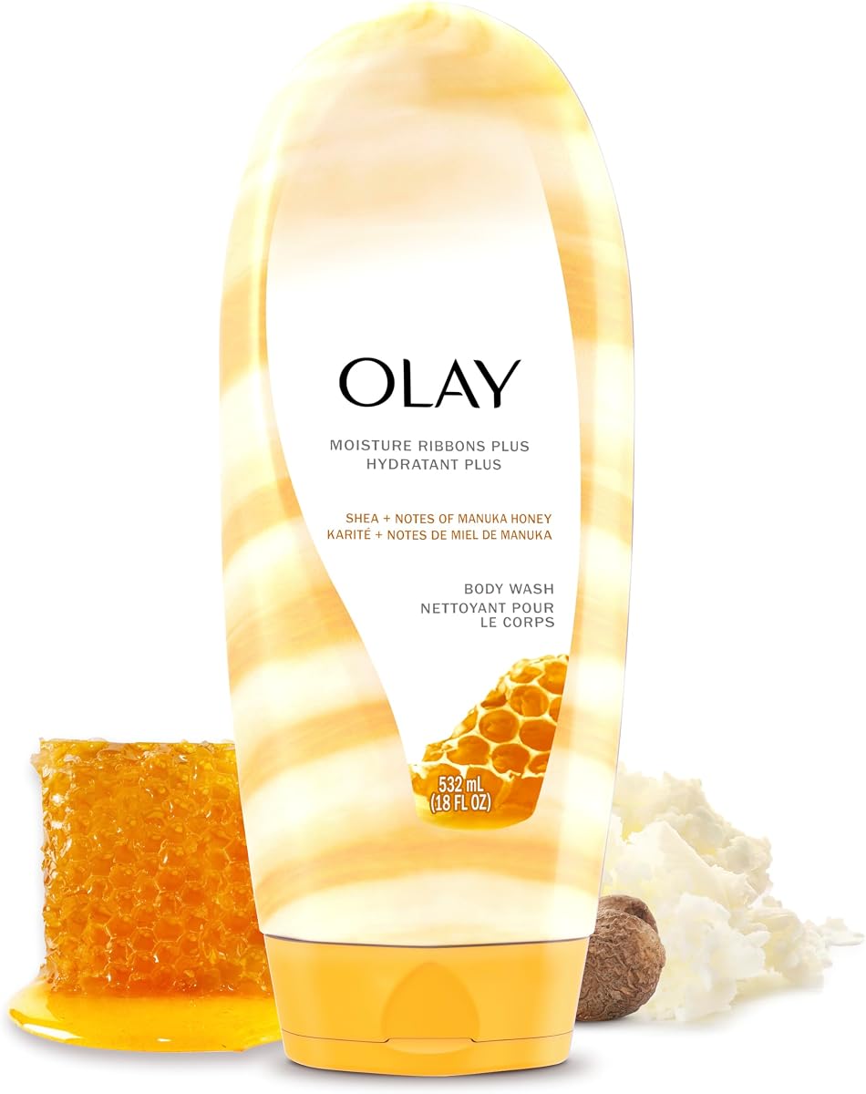 Body Wash for Women, Moisture Ribbons Plus, Deep Conditioning & Moisturizing Formula, Long Lasting Smooth Soft Skin, For All Skin Types, Shea Butter & Manuka Honey Scent, 18 fl oz