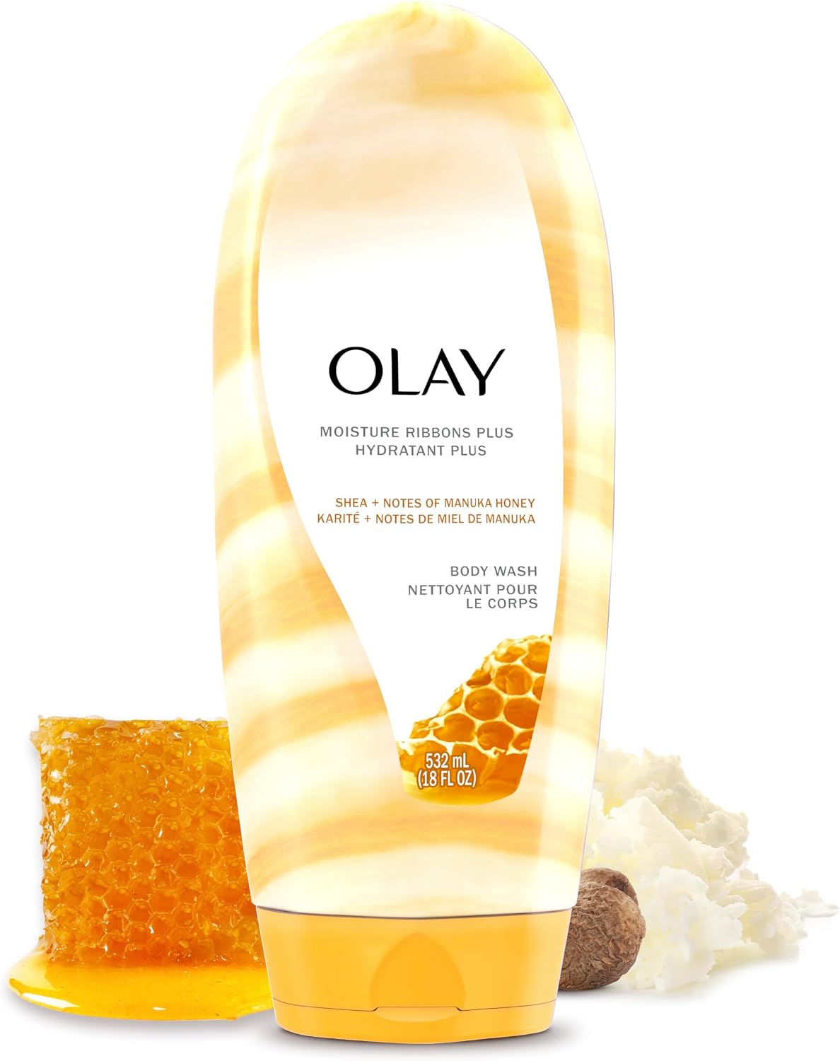 Olay Body Wash for Women, Moisture Ribbons Plus, Deep Conditioning & Moisturizing Formula, Long Lasting Smooth Soft Skin, For All Skin Types, Shea Butter & Manuka Honey Scent, 18 fl oz