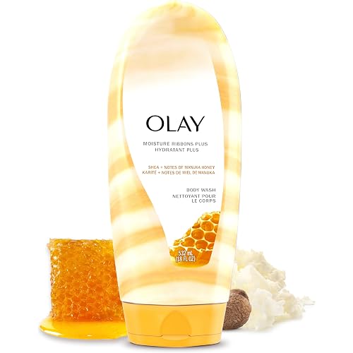 Olay Body Wash for Women, Moisture Ribbons Plus, Deep Conditioning & Moisturizing Formula, Long Lasting Smooth Soft Skin, For All Skin Types, Shea Butter & Manuka Honey Scent, 18 fl oz