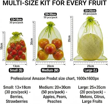 MultiSize Fruit Protection Bags, 100Pcs JapaneseFiber Organza Fruit Bags Mesh, Reusable Garden Mesh Bags, Fruit Tree Bags for Orchard, Balcony, Insect/Bird Barrier, Fruit Exclusion Bags