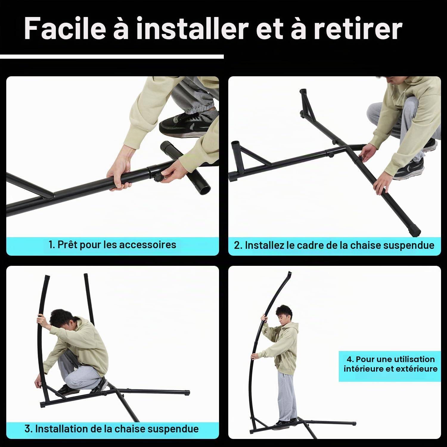 Armature de chaise suspendue 150 kg, en métal, support de siège suspendu avec structure stable, support de hamac pour siège suspendu, support en tube d'acier de 215 cm, pour l'intérieur et
