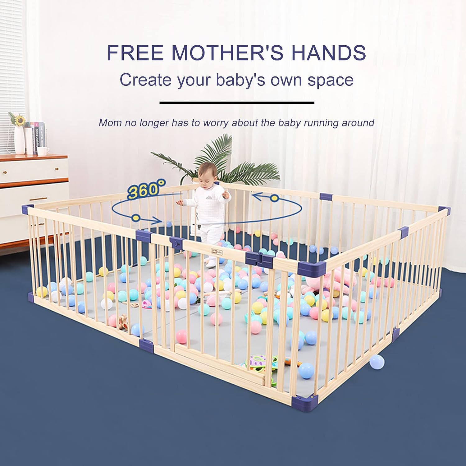 Jolan Baby Playpen Wooden, Multifunctional Baby Fence with Door, Anti-Fall Safety Playard Playpen, Crawling Fence, 61cm Height, Breathable/Durable, for Indoor Outdoor Home,180×240cm
