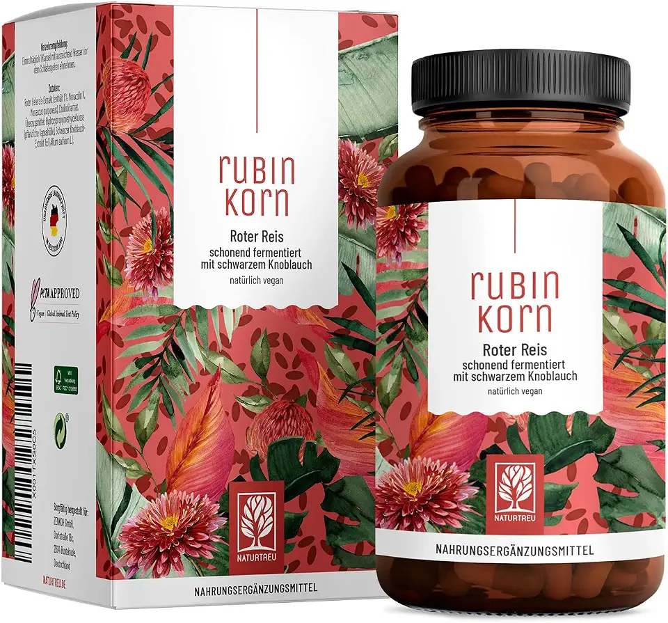 Leberzirrhose 1 NATURTREU® Rubinkorn - Roter Reis Komplex abgerundet mit schwarzem Knoblauch Extrakt - 2,9 mg Monacolin K pro Tagesdosis - mit Cholin für normale Leberfunktion - Fermentierter Roter Reis - 120 Kapseln