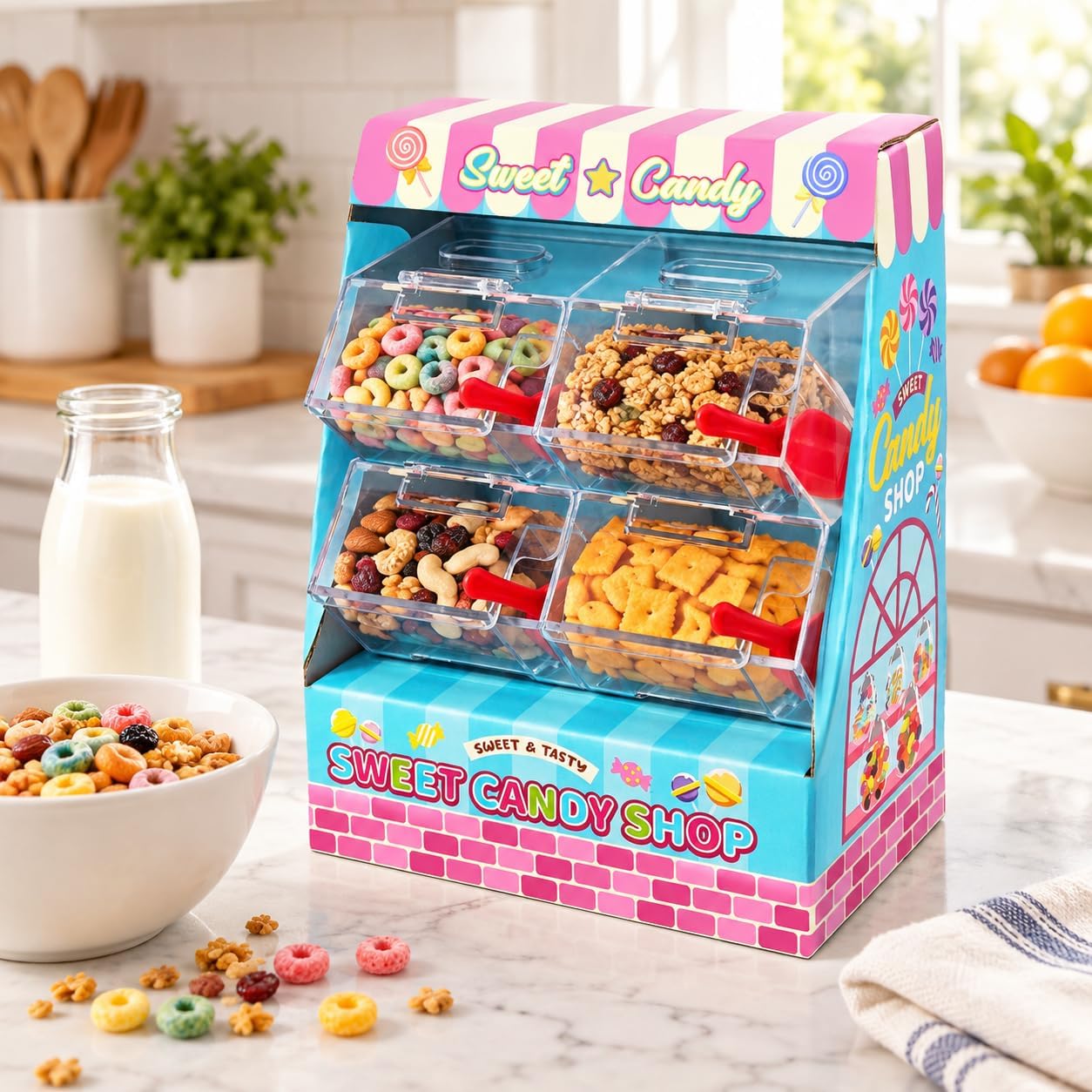 Candy Dispenser with Scoops, 4-Bin Cereal and Snack Organizer