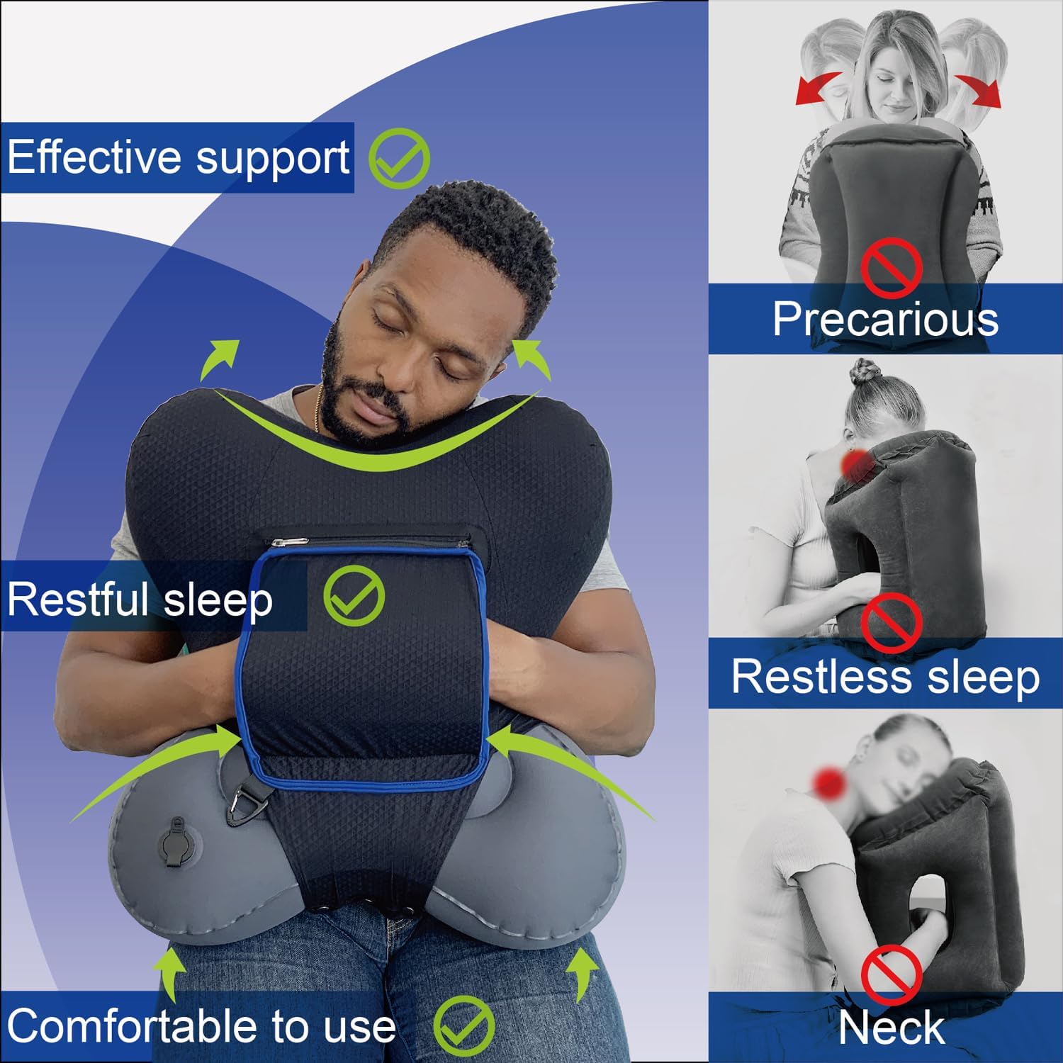 HEYDNA X-Travel Pillow - Inflatable Travel Pillow with Arm Pockets, Removable Cover, Compact for Airplane, Car, Train | Ergonomic Neck and Body Support for Comfortable Sleep Anywhere (Grey)