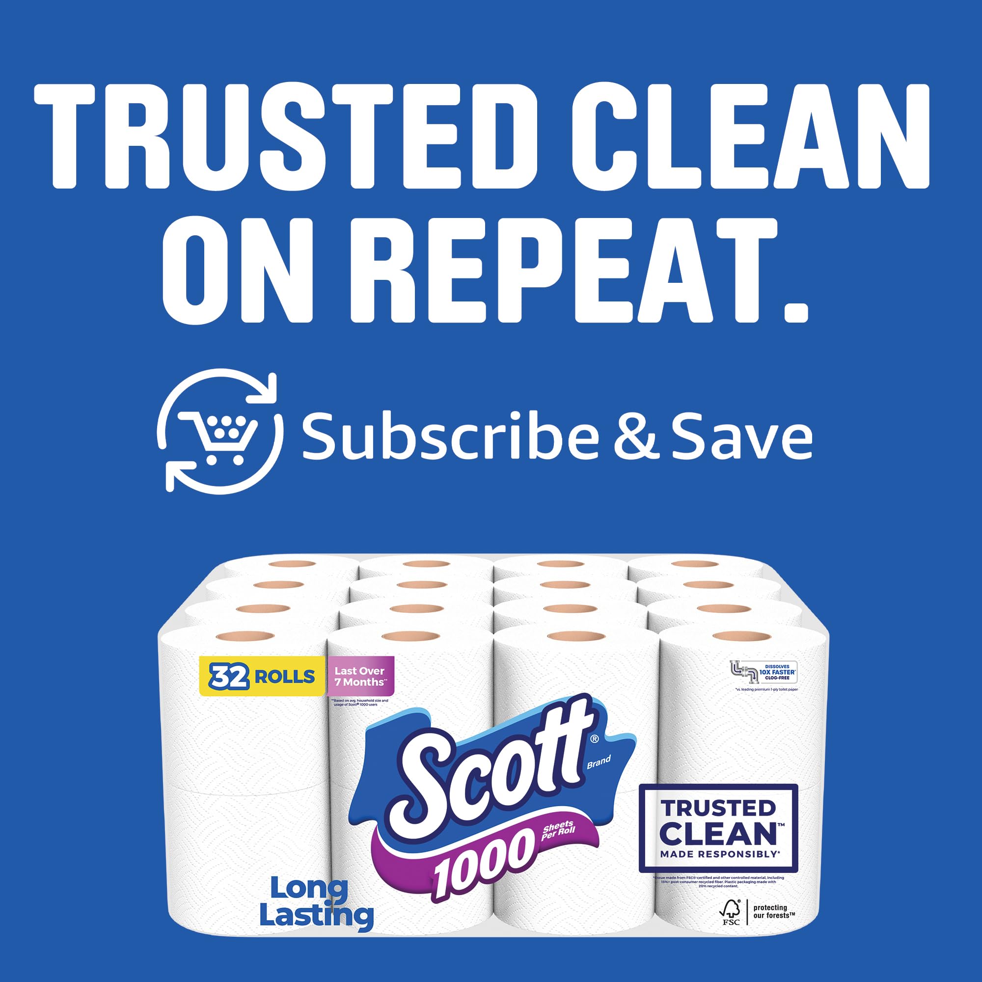 Scott Papel higiénico Trusted Clean 1000, 32 rollos, 1000 hojas por rollo, papel higiénico