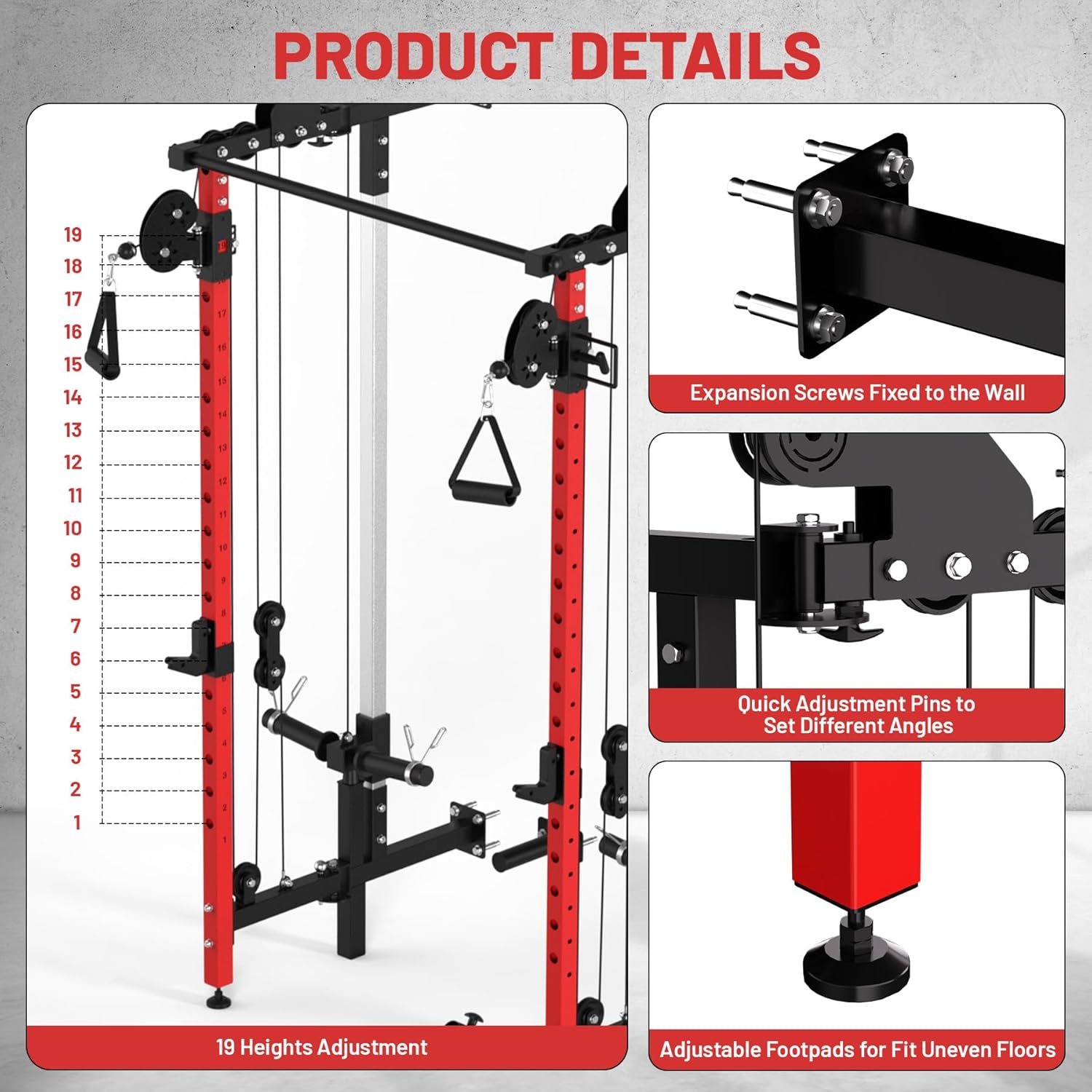 GarveeLife Folding Squat Rack, Wall Mounted Power Rack with Pulley System & Pull Up Bar, Compact Fitness Equipment with 5 Adjustable Function Modes for Small Spaces, Garage, Apartment, Red