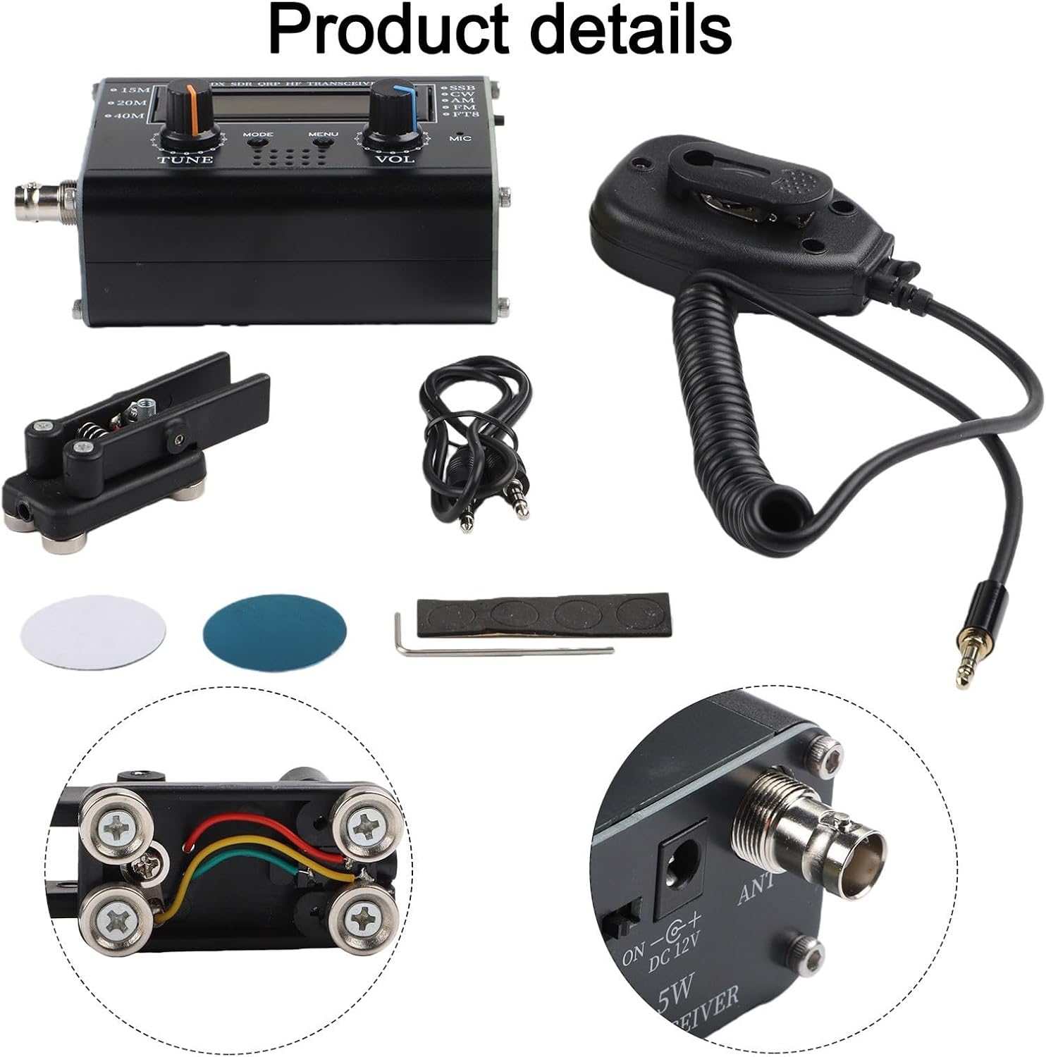 5W USDX QRP HF Transceiver All Mode SSB CW AM FM with BNC Connector for 15M 20M 40M Bands, CW Decoder and Keyer Support, Black Aluminum Body, 80x40x100mm, 1 Set