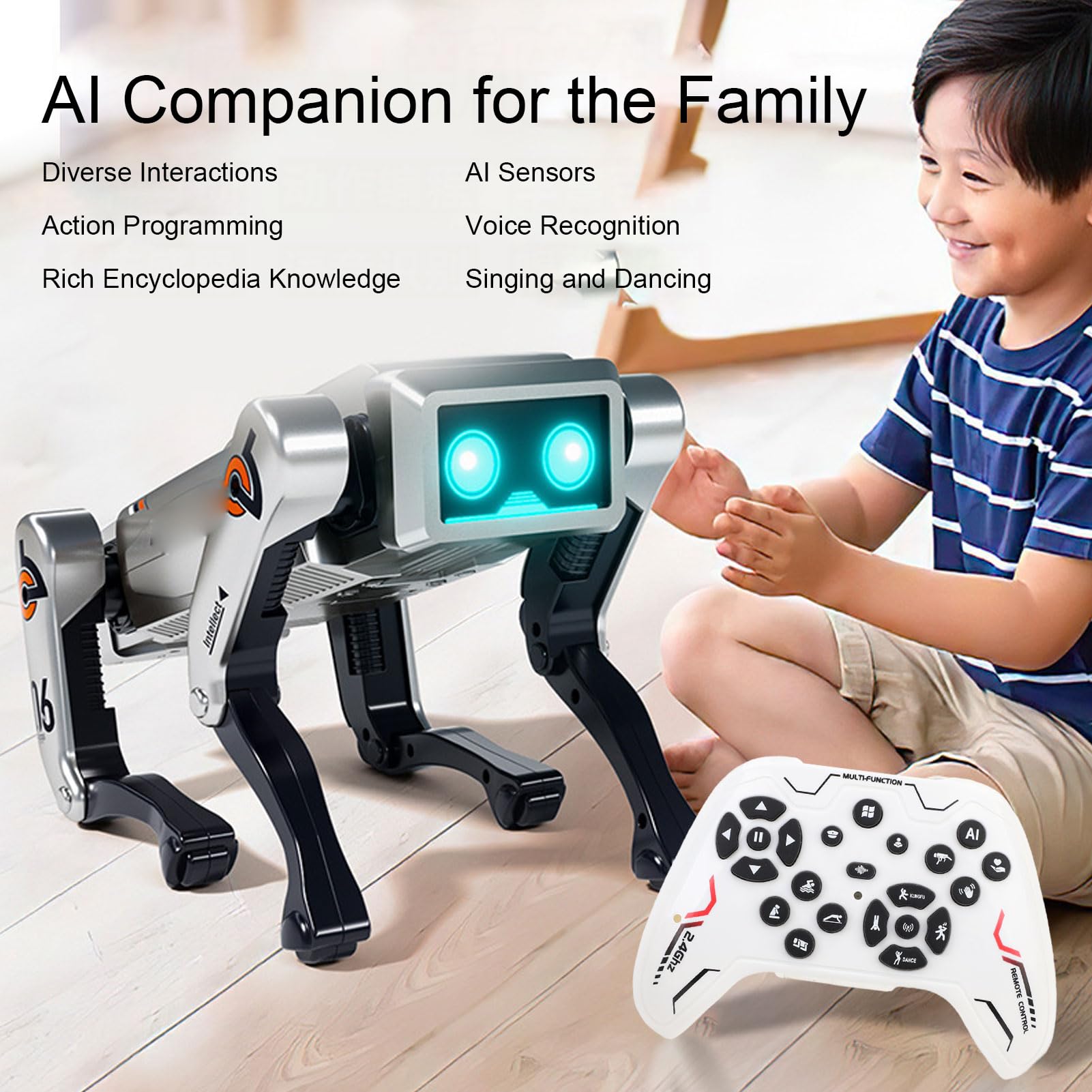 Perro Robot Inteligente, Juguete Stem Programable con IA, Control por Voz, Efectos de Luz y Música, Control Remoto Bluetooth, Programación de Acciones Interactivas, para Niños y