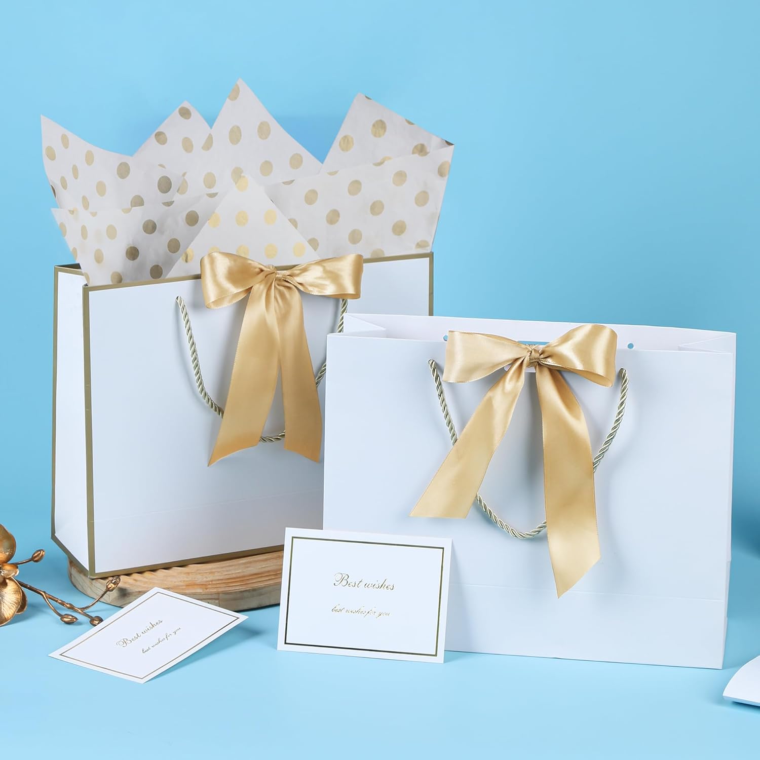 PASEOTA 12.6" Gift Bags Medium Size Set of 10 - Includes Tissue Paper, Cards & Ribbons, Luxury Gift Bags with Handles for Holiday Wedding Birthday (12.6" x 9.8" x 4.3", White) - Image 3