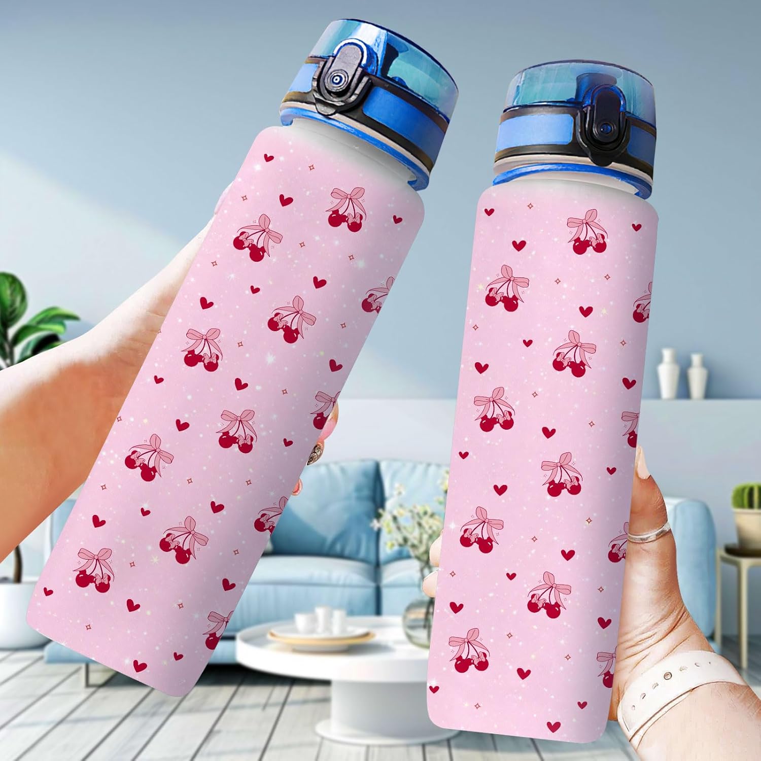 Cherry Water Bottle 32oz, Cherry Hearts Pink Kawaii Design, Plastic Bottle for Cartoon Movie Fans, Gifts for Birthday, Tritan Material, Reusable