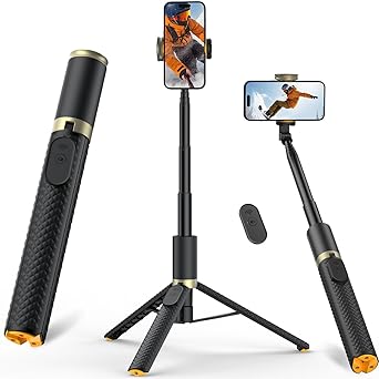 Phone Tripod & Selfie Stick with Remote, Portable, Lightweight for Video Recording Vlog, Extendable Travel Tripod Stand Compatible with iPhone Android, Black, 62″