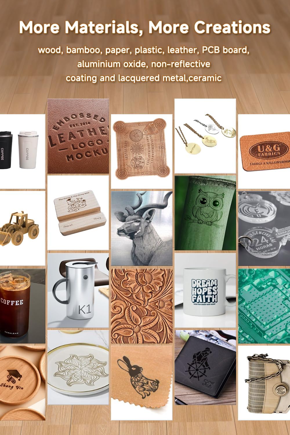 Various engraved and cut items made with ACMER S2 Laser Engraver