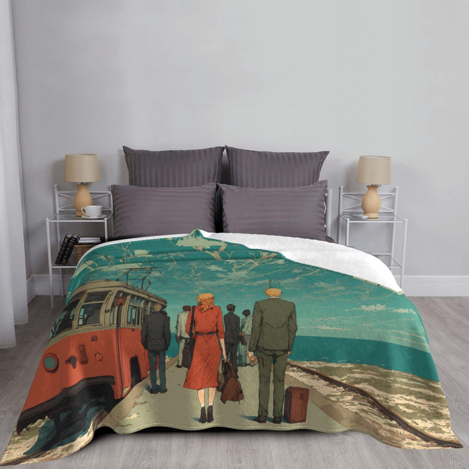 Manta de viaje portátil de 80 x 60 pulgadas, suave, resistente a las arrugas, plegable, exquisita impresión de teleférico junto al mar