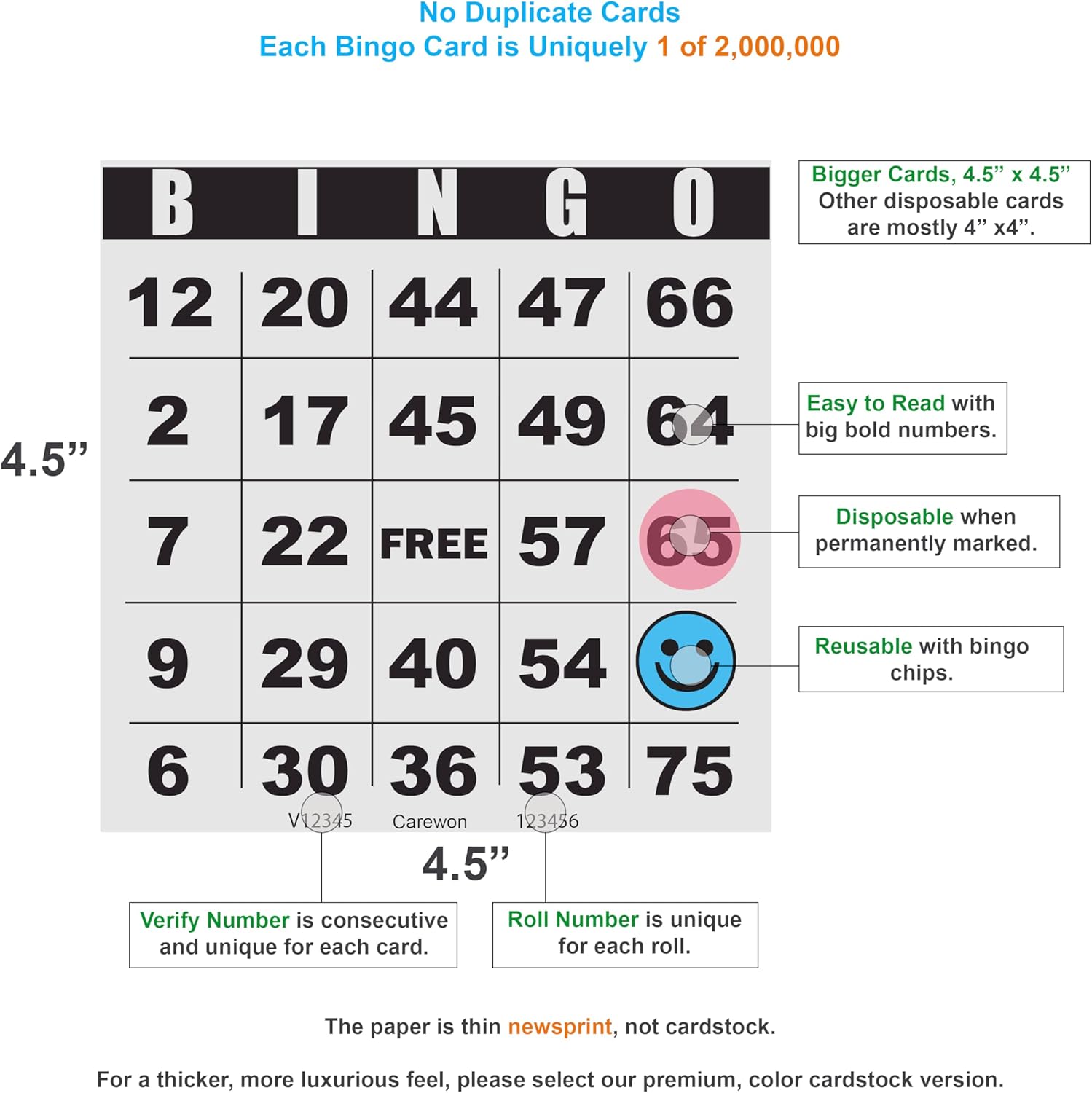 200 Bingo Cards, Large 4.5" x 4.5", Paper Bingo Sheets, Disposable or Reusable for Daubers or Chips