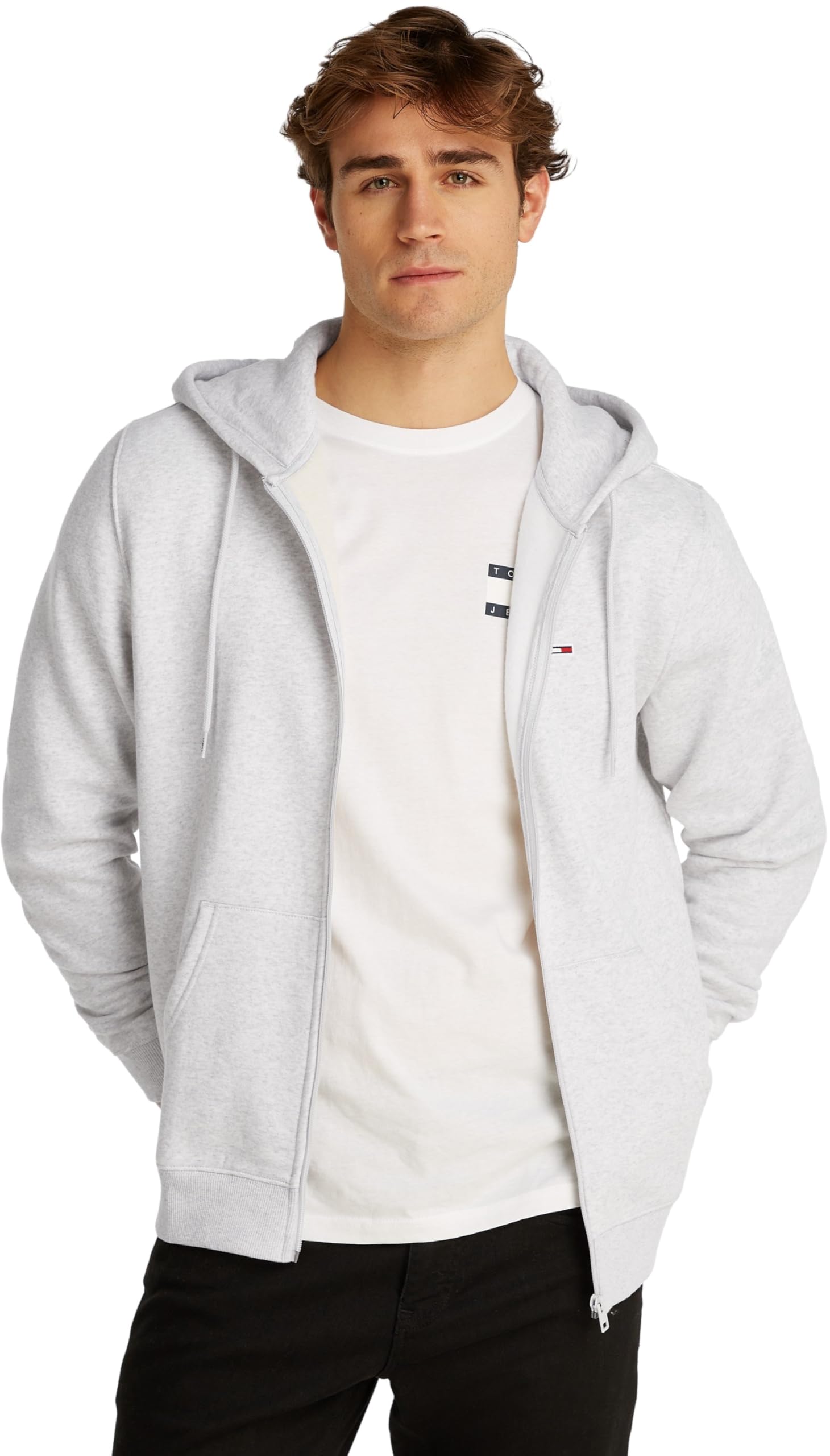 Tommy Jeans Men’s Flag Fleece Zip Through Hoodie, Grey (Silver Grey Heather), L