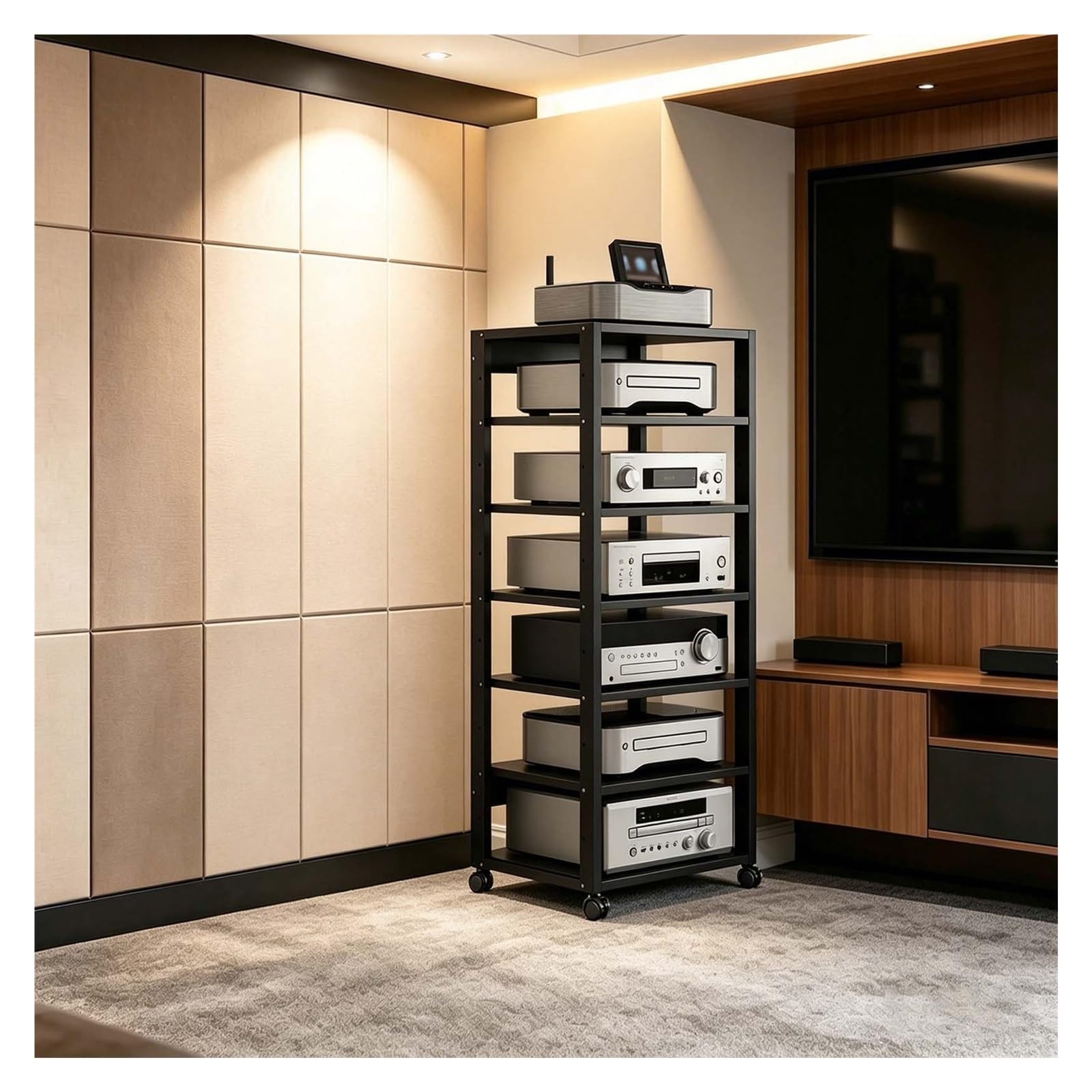 Mobile stereo hi fi rack hifi Av media stand a 7 livelli con ruote e supporto regolabile in altezza, armadio rack audio per soggiorno, sala teatro, ripiano rack amplificatore, centro intratte(Nero)