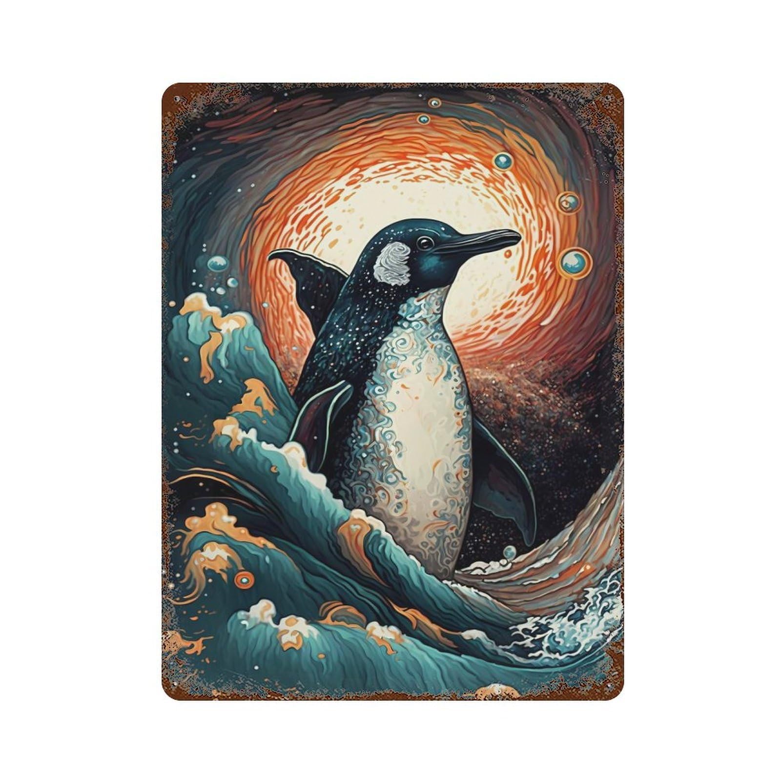 Rust Effect Penguin Japan Design Rusty Metal Tin Sign 15.7"x11.8", Rustic Home Decor for Living Room, Hallway And Home Decor