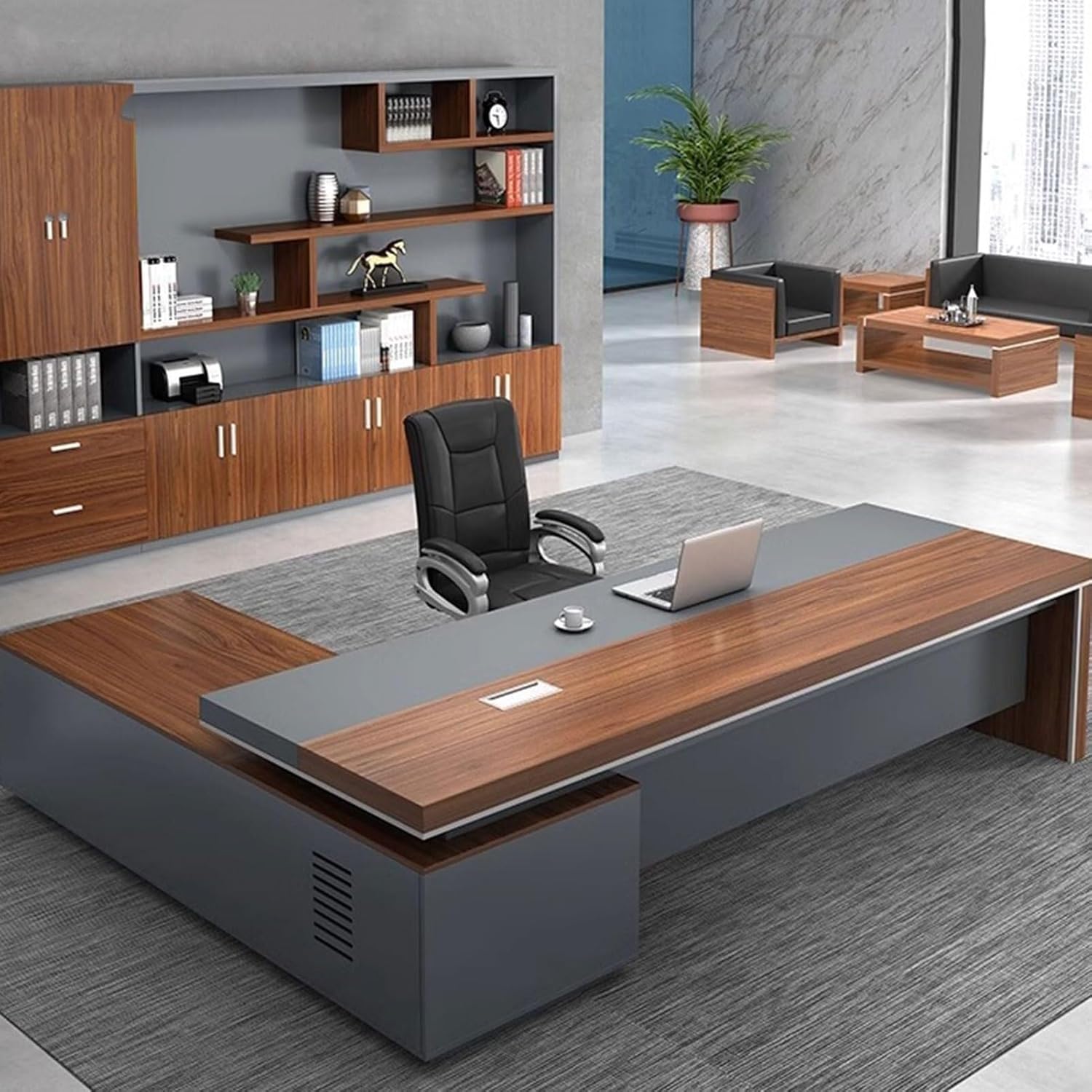 Modern L Shape Executive Desks Large Home Office Desks Rustic Computer Table Luxury Business Furniture with Lateral Cabinet Drawers for CEO Boss Study Bedroom(78in)