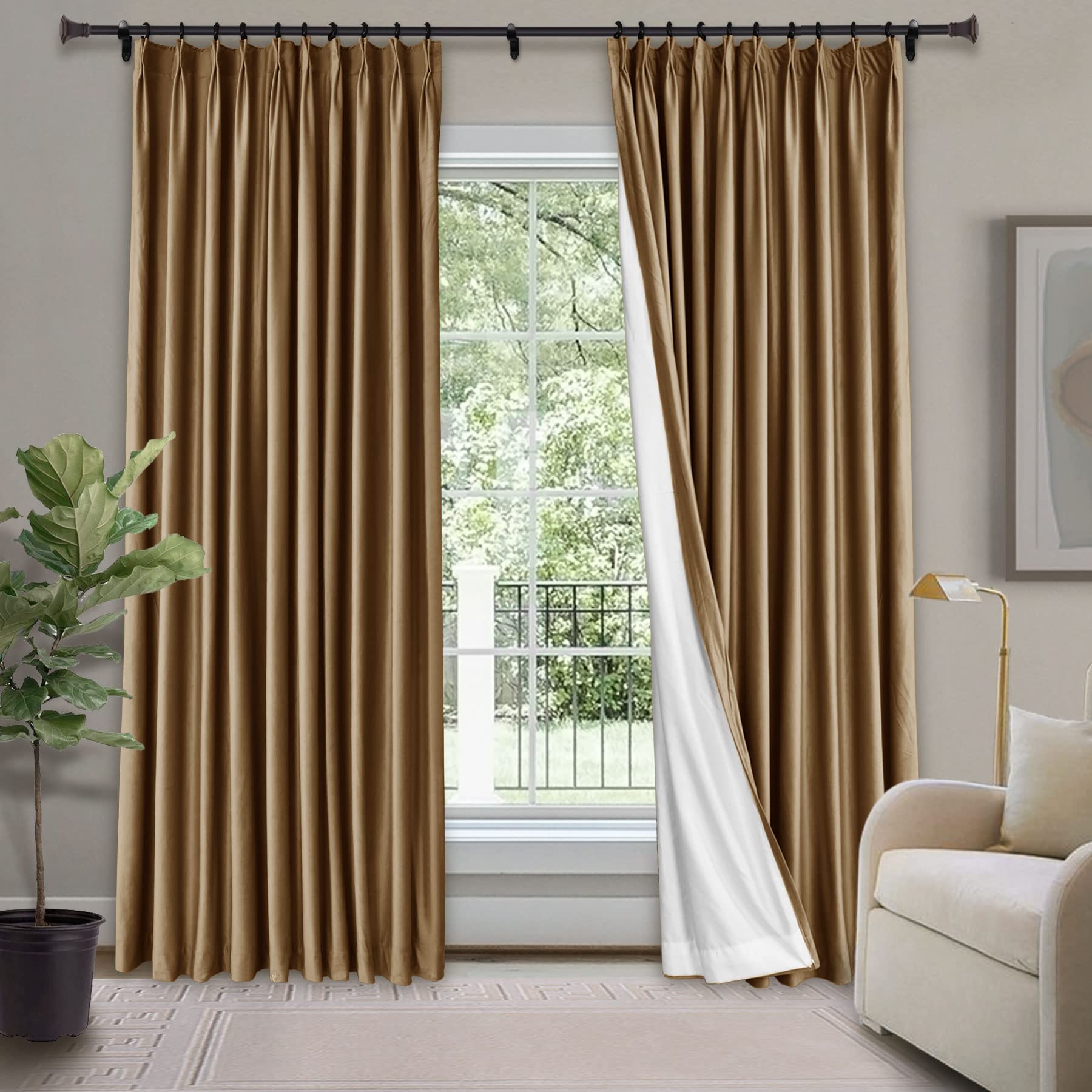 Frelement Room Darkening Blackout Window Curtains Velvet Solid Curtain Pinch Pleat Window Curtain for Bedroom Privacy Panels Drapes Thermal Window Drape, 52" W x 102" L, 2 Panels, Tobacco Brown