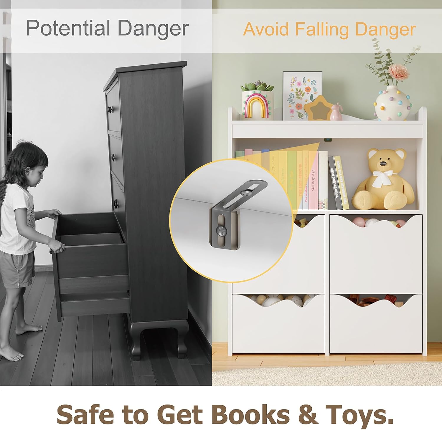 30" H Toy Storage Organizer, Bookcase with 1 Display Shelf & Open Cube & 2 Movable Cabinets & 2 Drawers, Bookshelf with Toy Storage Cabinet for Playroom Storage(White)