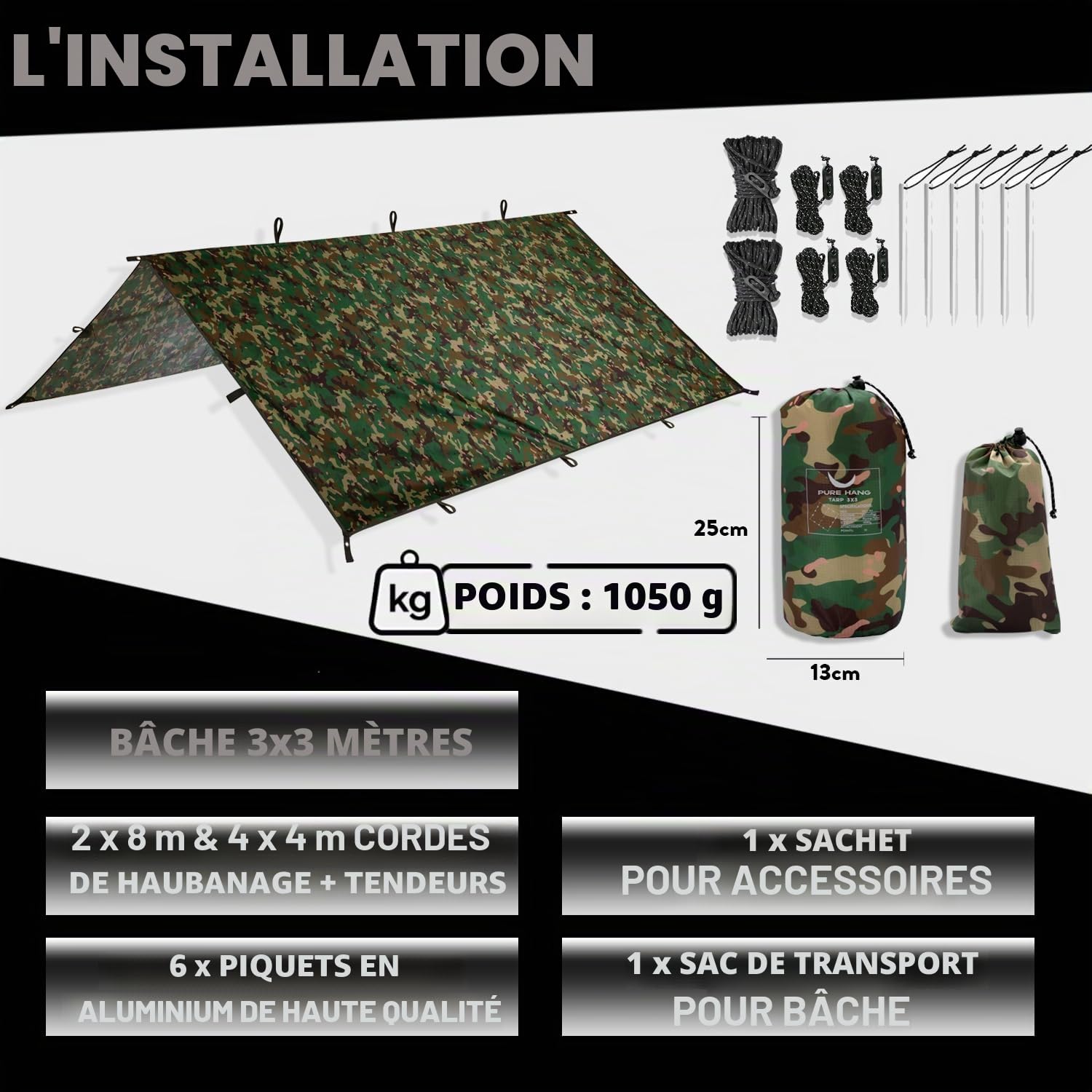 Premium Tarp 3 x 3 pour hamac extérieur tente voile d'ombrage 100 % étanche ultra léger protection solaire protection UV protection contre la pluie camping sac à dos camouflage 3 x 3