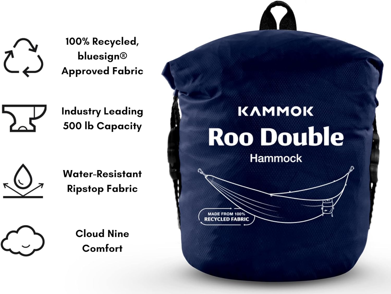 Kammok: Roo Double Hammock +Python 10' Bundle | Our Bestselling Hammock & Tree Friendly Straps | 100% Recycled Water Resistant Ripstop Fabric | Lifetime Adventure Grade Warranty, Midnight Blue