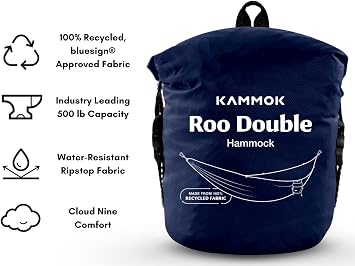 Kammok: Roo Double Hammock +Python 10' Bundle | Our Bestselling Hammock & Tree Friendly Straps | 100% Recycled Water Resistant Ripstop Fabric | , Midnight Blue