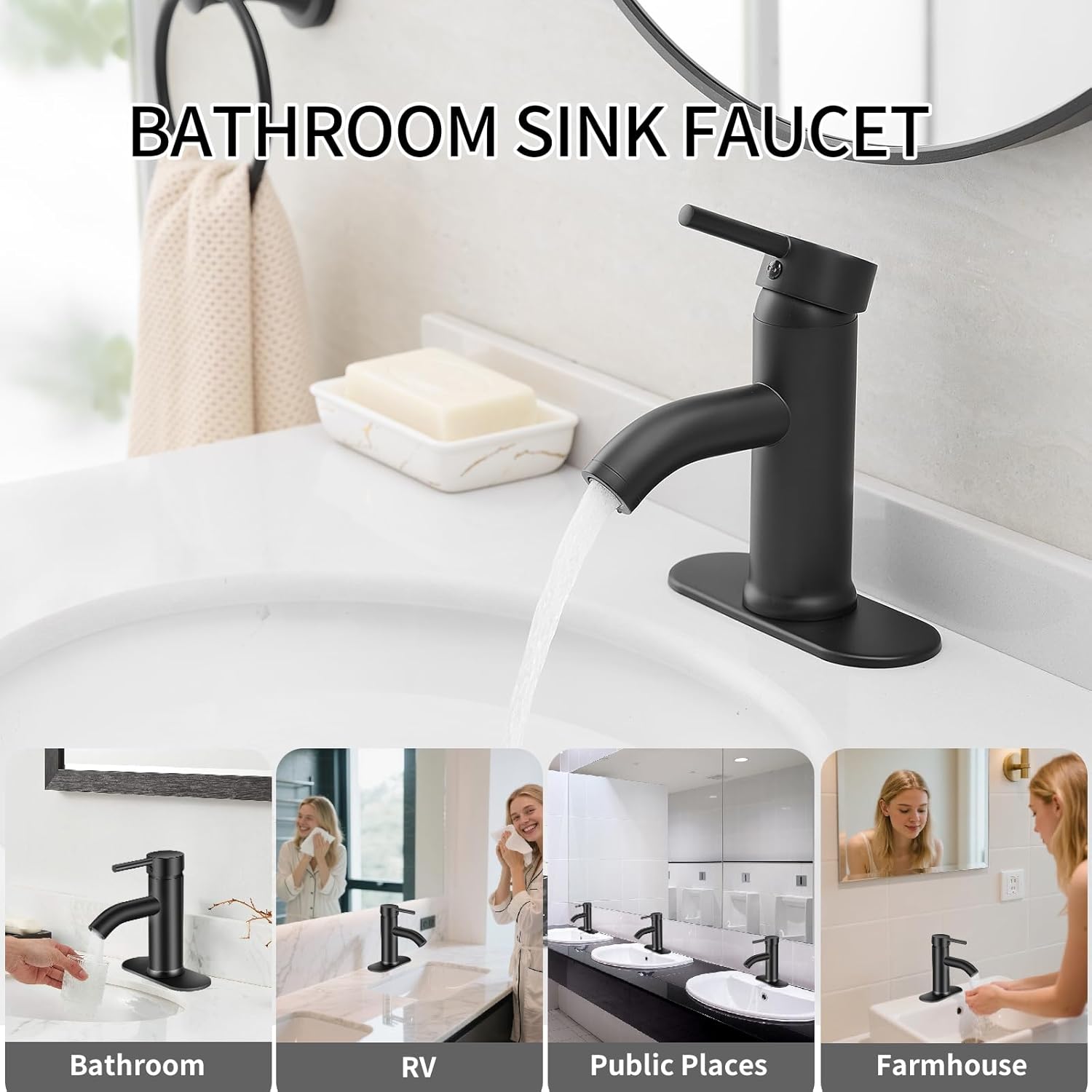 Matte Black Bathroom Faucets Single Hole Bathroom Sink Faucet Modern Single Handle Bathroom Faucte 1 or 3 Hole, RV Sink Vanity Faucet (with Drain, Black) YEUALUQAN