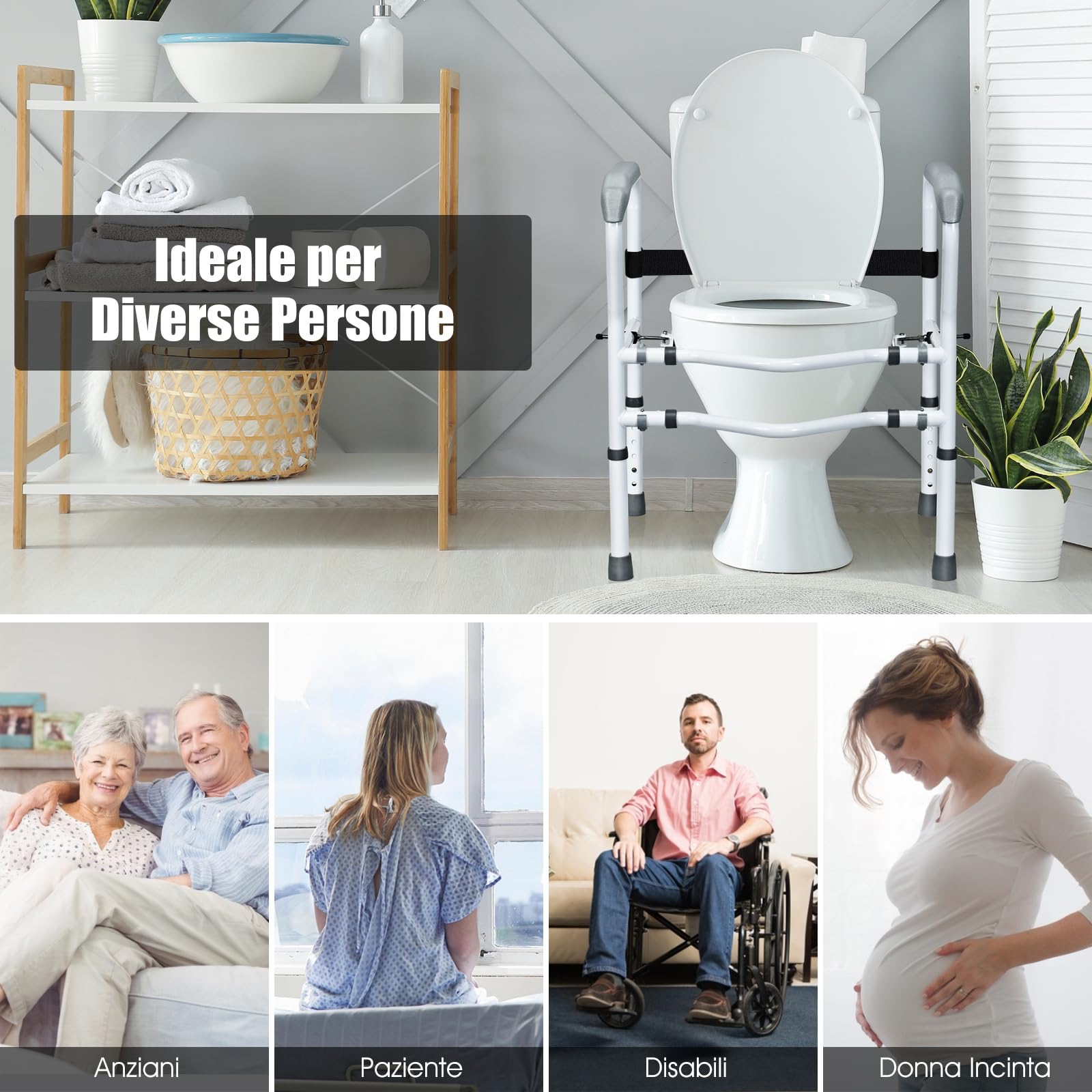 COSTWAY Supporto per WC, Supporto per WC con Altezza e Larghezza Regolabili e Dispositivi di Fissaggio Girevoli a 360°, Supporto per Bagno per Anziani Disabili