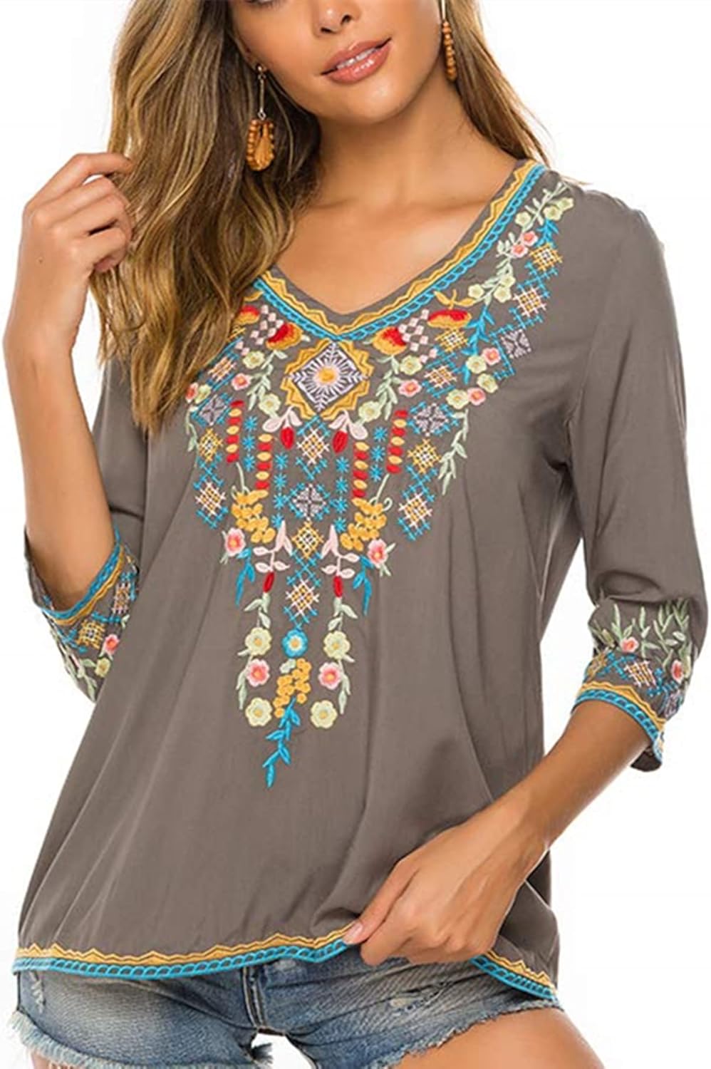 LauraKlein Women's Boho Embroidered Peasant Tops 3/4 Sleeve V Neck Mexican Bohemian Shirts Tunics Blouses - Image 2