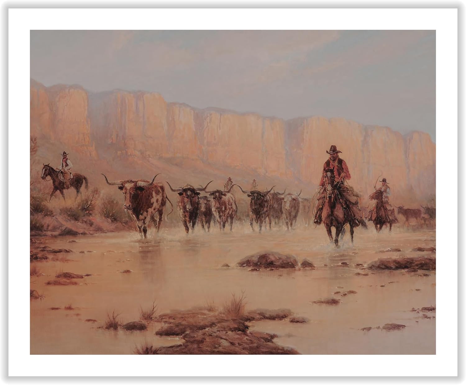 Poster Master Cowboy Canvas - Retro Sunset Print - Moody Landscape Art - Gift for Men & Women - Horse Riding Art - Western Decor for Living Room or Farmhouse - 8x10 STRETCHED Canvas