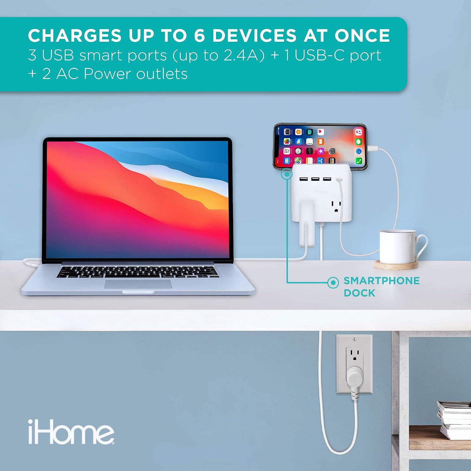 iHome Power Reach Multiple Plug Outlet Extender with 2 Outlets, 4-Port USB Wall Charger (1 USB C, 3X USB A), 6 Ft Extension Cord and Magnetic Wall Mount