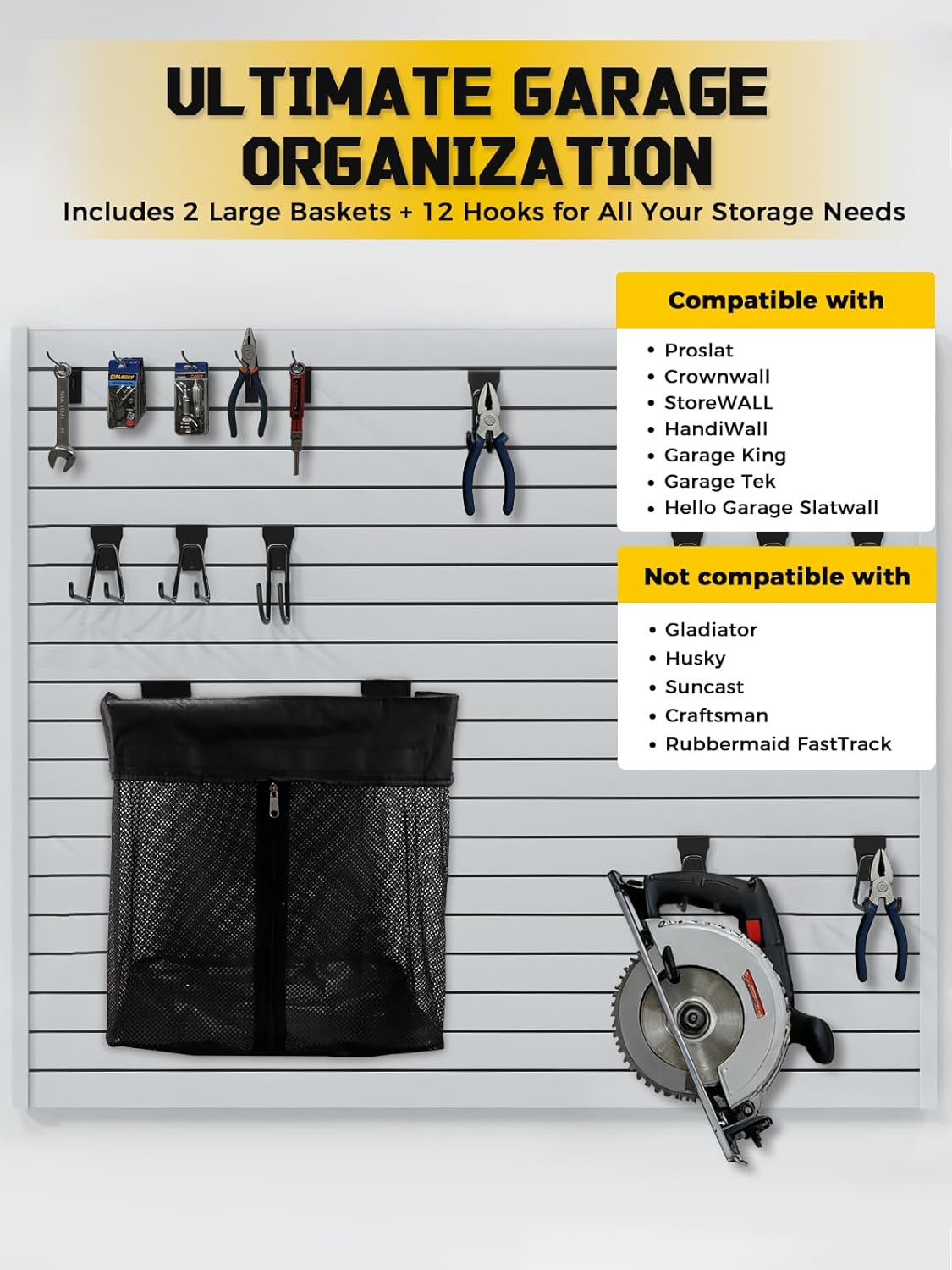AZUNO 14 PCS Slatwall Accessories Kit - 2 Pack Large Mesh Slatwall Baskets with Front Zipper & 12 Pack Heavy Duty Slat Wall Hooks, Garage Storage & Organizer for Sports Gear, Toys, Tools
