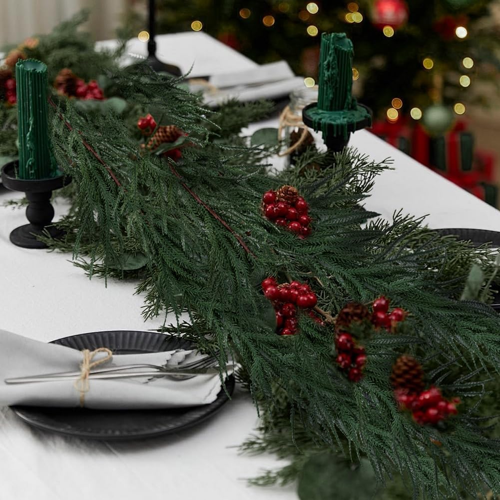 2PCS 9Ft Christmas Garland for Mantle Fireplace, Faux Norfolk Pine Garlands Christmas Decoration Gift Indoor Outdoor Artificial Greenery Garland for Staircase Front Door Decor (NO Lights) - Image 5