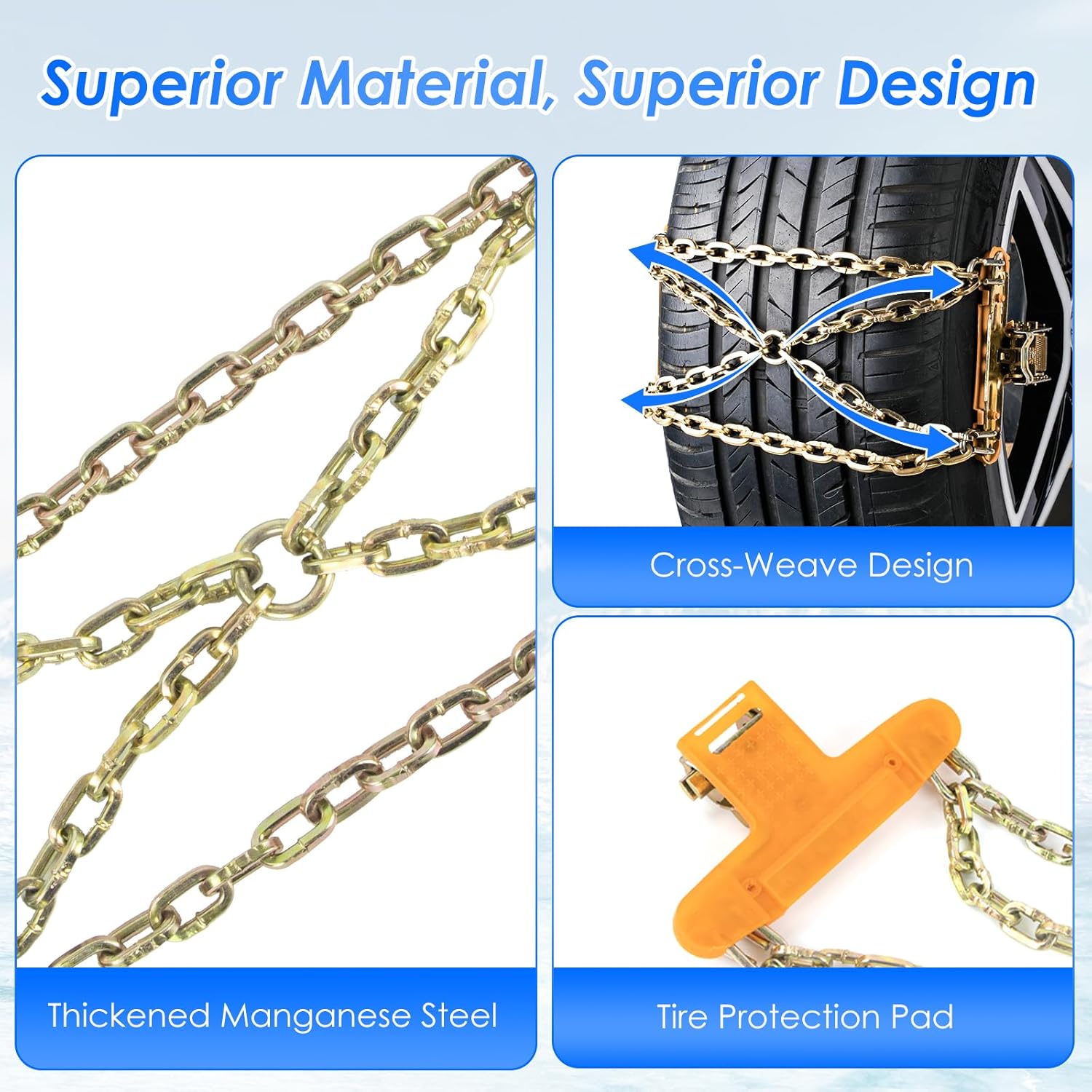 Snow Chains, 6 Packs Anti Slip Tire Chains, Pickup, Truck & SUV, Adjustable Thickening Reusable Anti-Slip Traction Tire Chains - Emergency Use in Snow, Ice, Sand and Mud (Fits 225-285mm Tires)