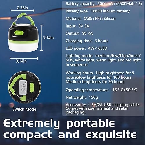 Miniatura 7 de Linterna LED recargable para campamento, banco de energía y linterna, 5000 mAh, 200 lúmenes, 10 modos, portátil, impermeable, colgante magnético,