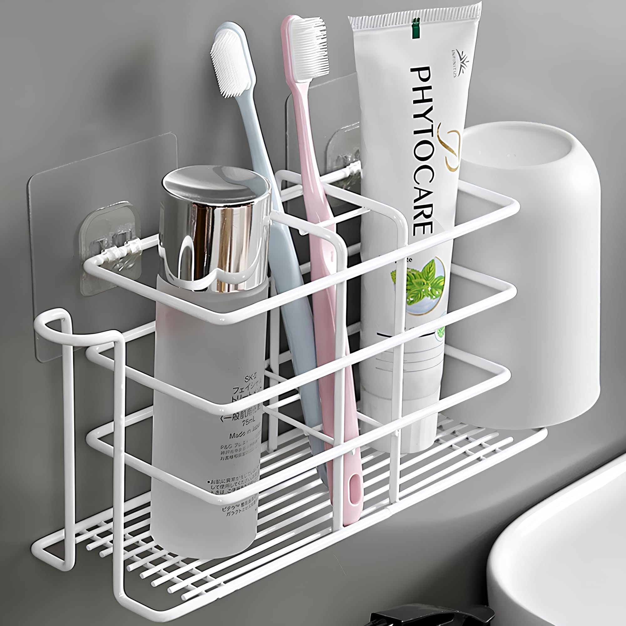 Stickzy Self Adhesive Multi-Functional Toothbrush Holder with Toothpaste Organizer | Razor Holder | Multifunctional Stand with Cup Holder for Organized Bathrooms | Metal Construction (White) (B0D499R1HM) Amazon Price History, Amazon Price Tracker