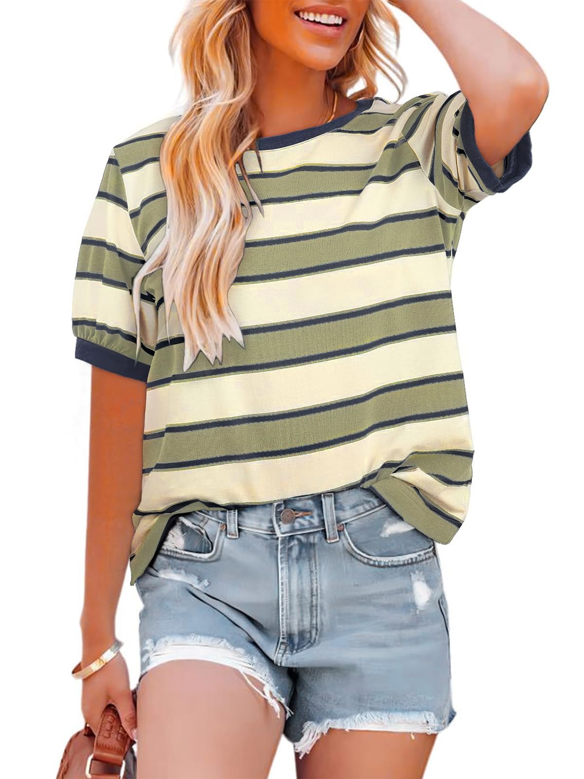 Cuptacc Tshirt Damen Rundhals Locker Oberteile Bunt Gestreiftes Tunika Damen Sommer Casual Baumwolle T Shirt Kontrast Kurzarm Oberteile