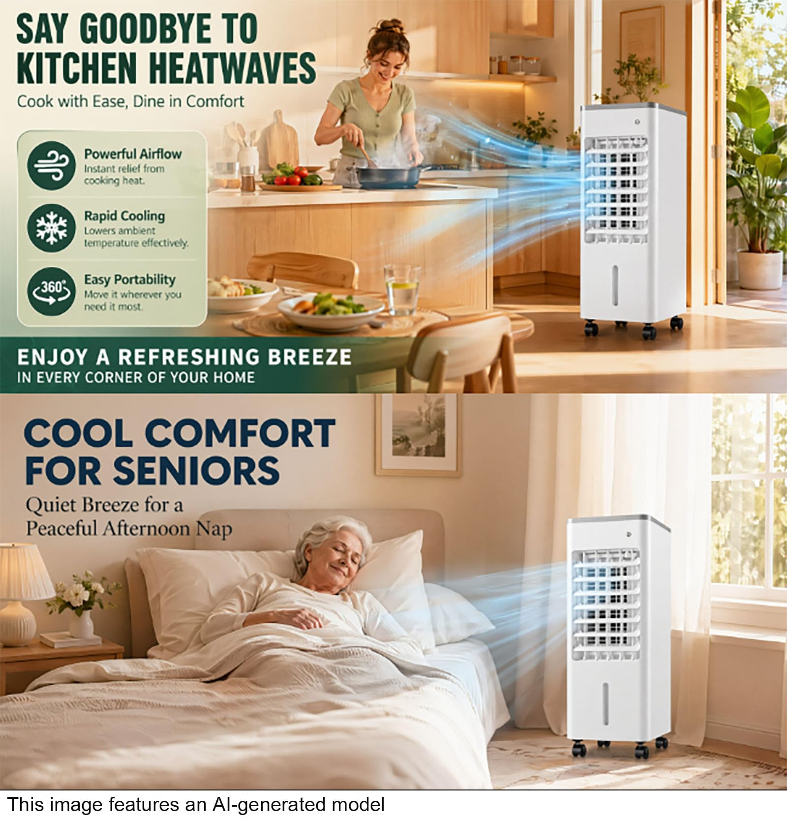 4-in-1 Portable Air Cooler, 12L Evaporative Air Conditioner No Hose, with 4 Ice Packs, 3-Speed Fan, Quiet Operation, 7.5H Timer, Humidifier & Air Purifier, Remote Control for Home & Bedroom