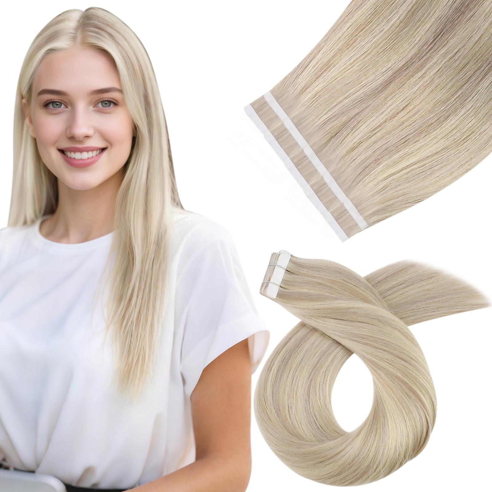 Moresoo Tape in Hair Extensions Human Hair 20 Inch Ash Blonde with Bleached Blonde Human Hair Tape in Extensions Highlight Remy Straight Hair for Women Adding Volume 10 Pieces/25g #P18/613