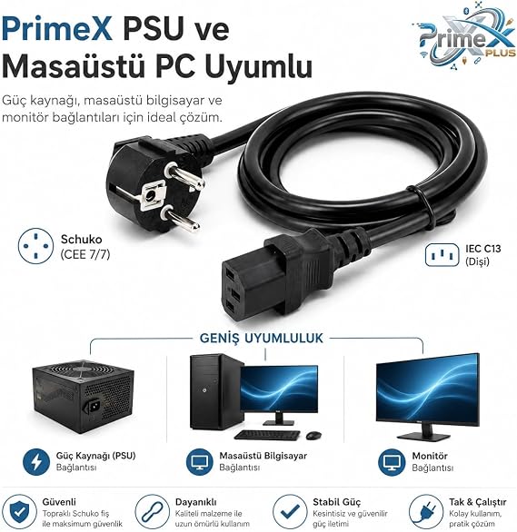 PrimeX PX-P418 1.5 Metre Lüks Power Kablosu, 3x1.5mm Kalın Full Bakır PSU Güç Kablosu, PC Power Supply Monitör Mining Sistemleri İçin Siyah Enerji Kablosu