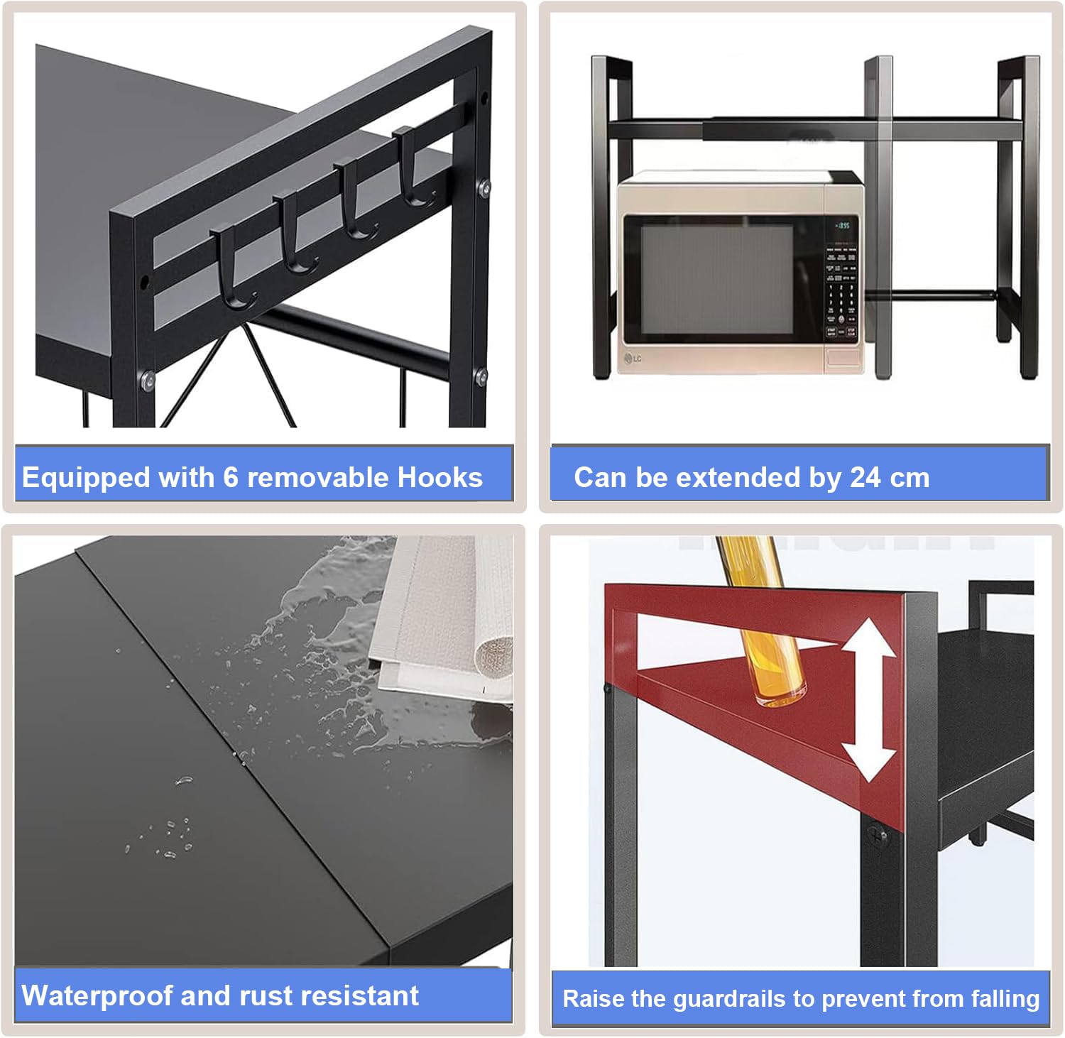 Étagère à Micro-Ondes Extensible à 2 Niveaux, Charge 30kg | Acier au Carbone, Extensible 40 à 64 cm, Porte-Baguettes et Porte-Planche à Découper, Adapté Cuisine, Bureau, Garage