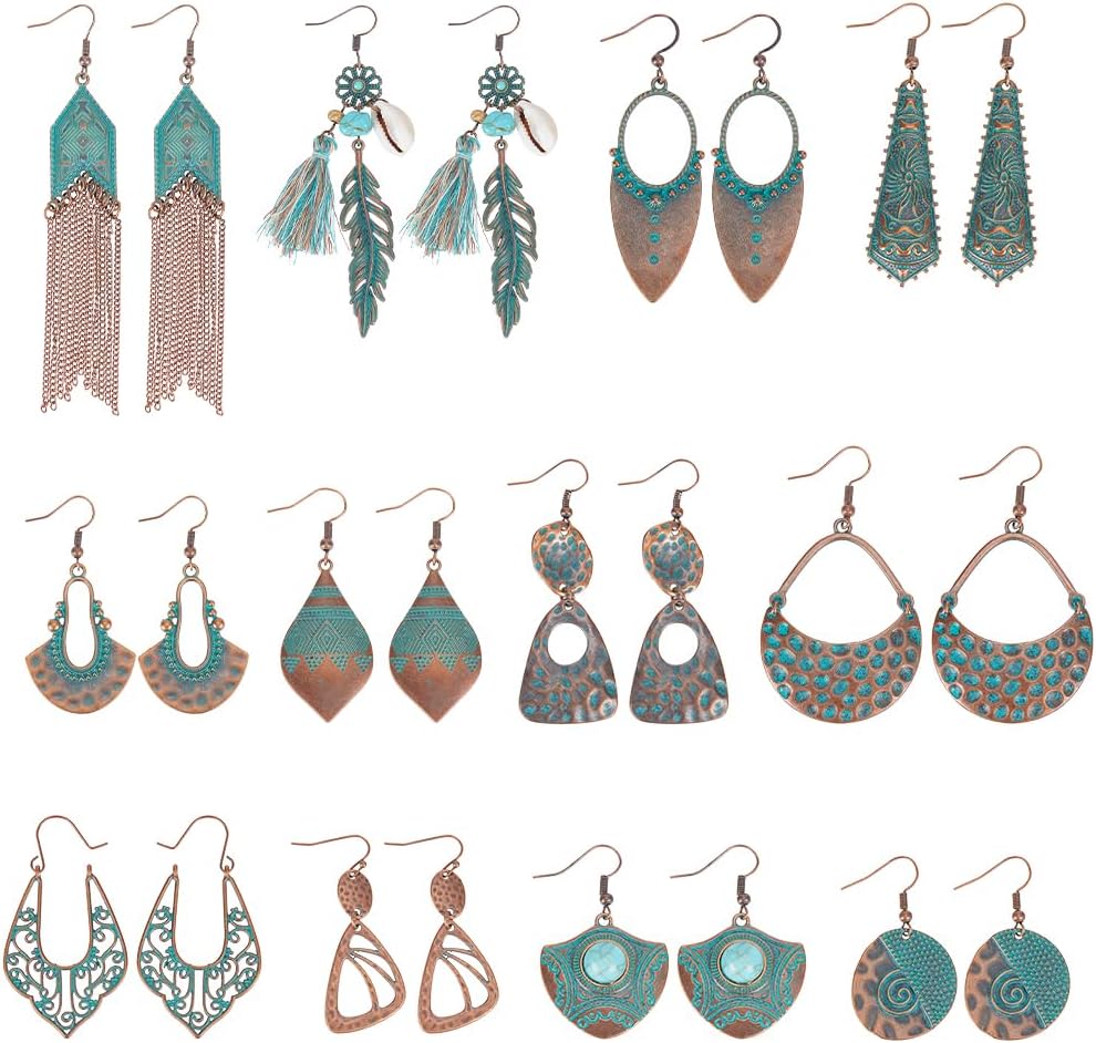 ANATTASOUL 12 Styles Vintage Boho Engraved Earrings for Women Bohemian Earrings Antiqued Tibetan Silver Earring Retro Ethnic Earrings Jewelry Tibetan Flower Earring Drop Assorted Pack