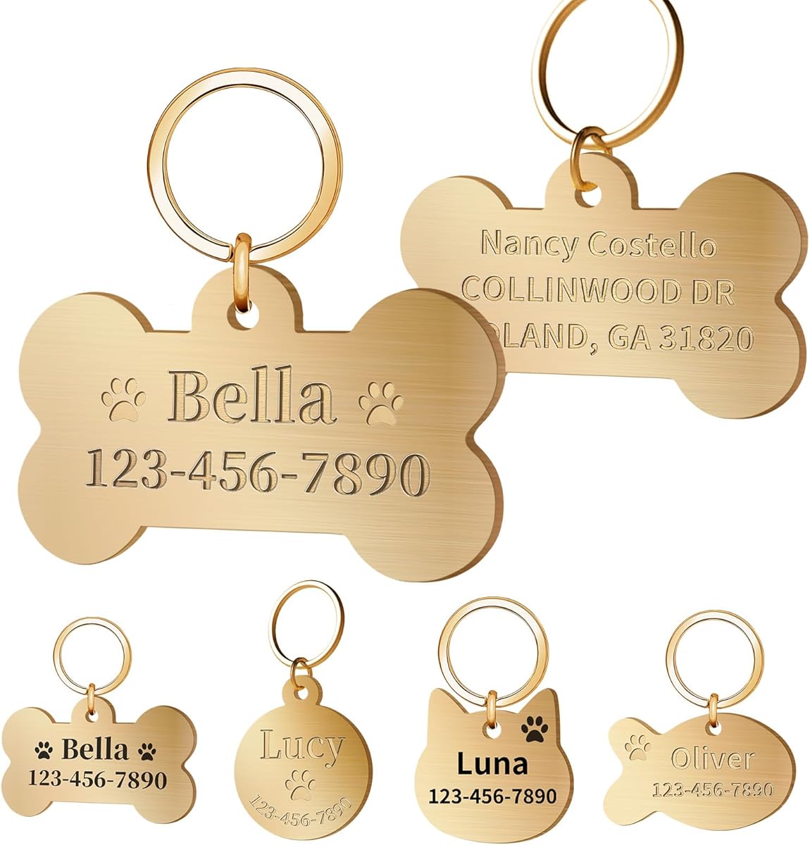 Personalized Dog Tags for Pets, Custom Solid Brass ID Tag for Dogs Cats, Deep Engraved Name Collar Tag, Durable Rust-Resistant (Bone)