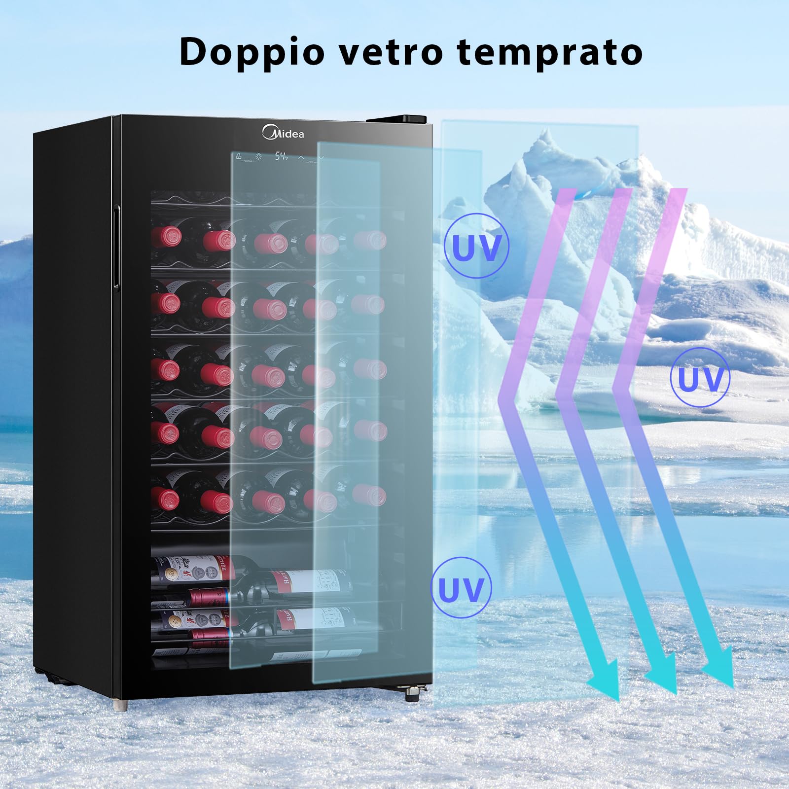 Midea Cantinetta Vino MDRW150FGG22, 34 Bottiglie, 1 Zona 5℃-18℃, Display Touch, Silenziosa 40 dB, Vetro Anti-UV, LED 3D, Installazione Libera, 47x44x84.5 cm, Nero